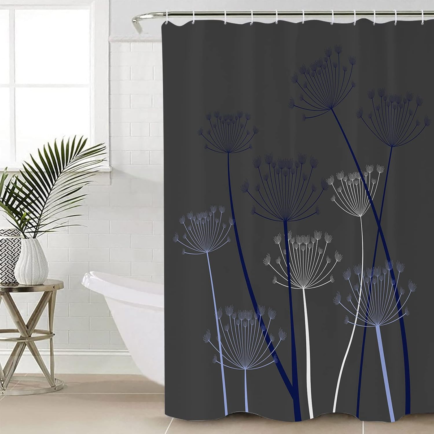 Shower Curtains for Bathroom, Navy Blue and Aqua Silhouette Dandelion Gray