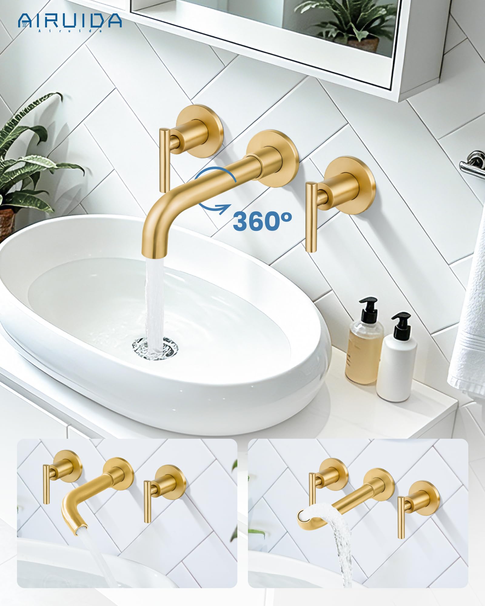 Grifo de lavabo de baño de oro cepillado de 3 agujeros, doble mango, boquilla giratoria 360, montaje en pared, bañera relleno áspero en válvula, Airuida