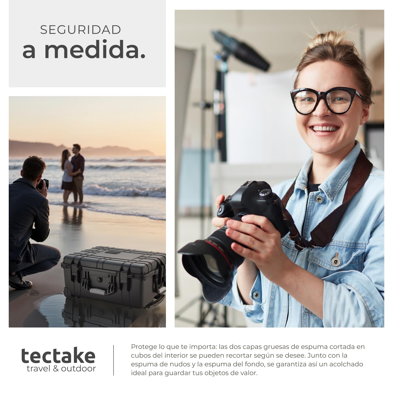 tectake® Maletín Cámara Vacío con Espuma, Carcasa Rígida, Carro Herramientas a Prueba de Golpes, Caja Herramientas con Ruedas y Asas Telescópicas, Resistente a la Intemperie, 56 x 46 x 27 cm