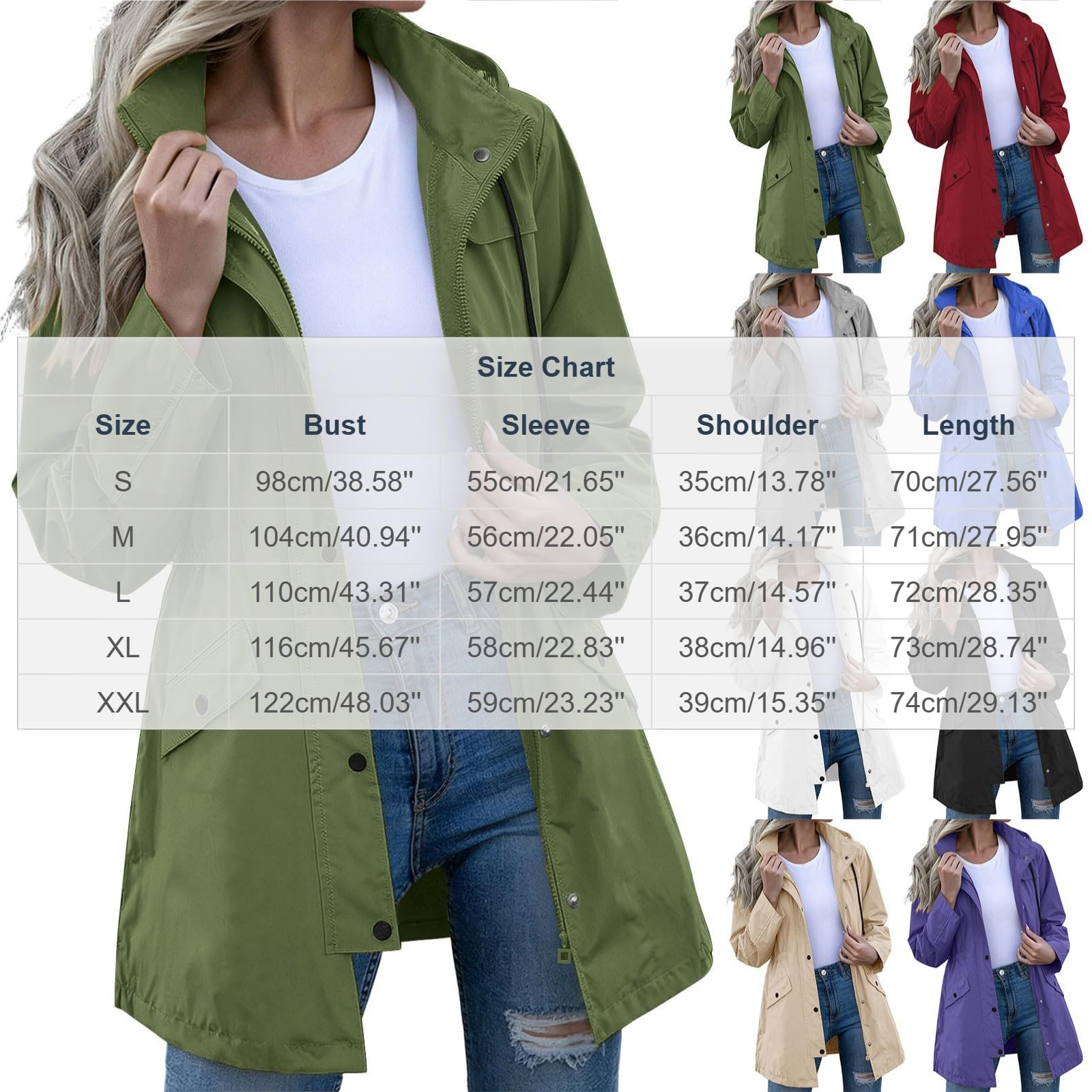Regenjacke Damen Lang Wasserdichte Atmungsaktive Kapuzenjacke Outdoor Windjacke Knopf Reißverschluss 2 in 1 Wanderjacke Herbst Jacke Übergangsjacke Moderne Freizeitjacke Einfarbige Mantel mit Kapuzen