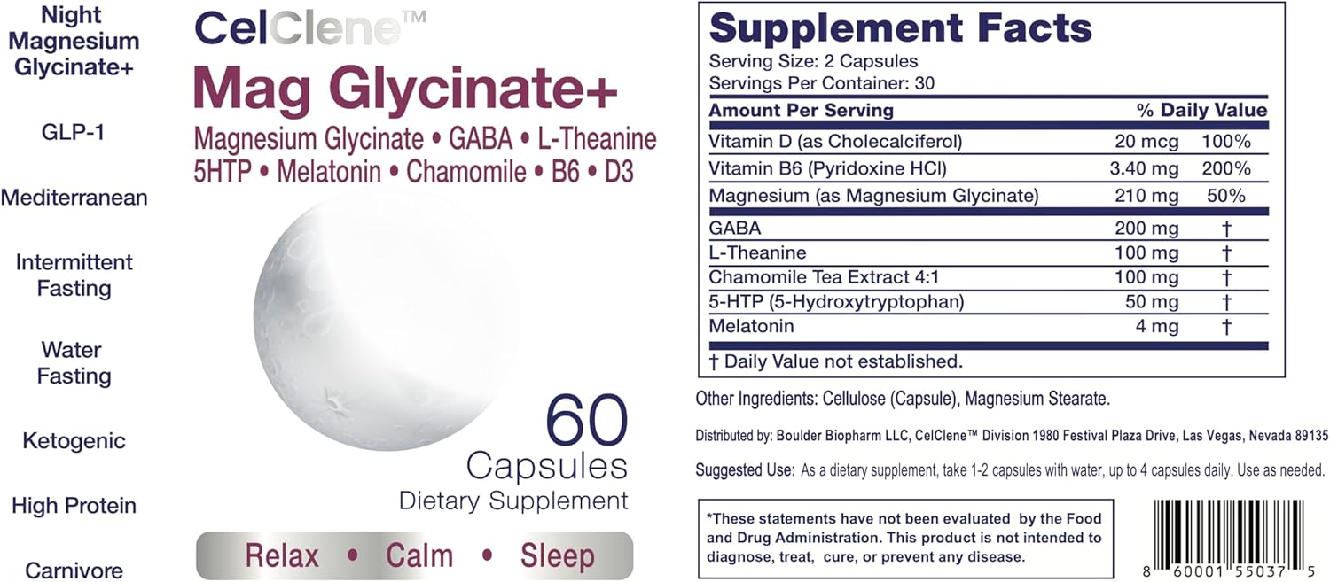Magnesium Glycinate+ Supports Stress Relief, Sleep, Heart Health, Nerves, Muscles, and Metabolism with Magnesium Glycinate, GABA, L-Theanine, 5-HTP, Melatonin, Vitamin B6, and Vitamin D3