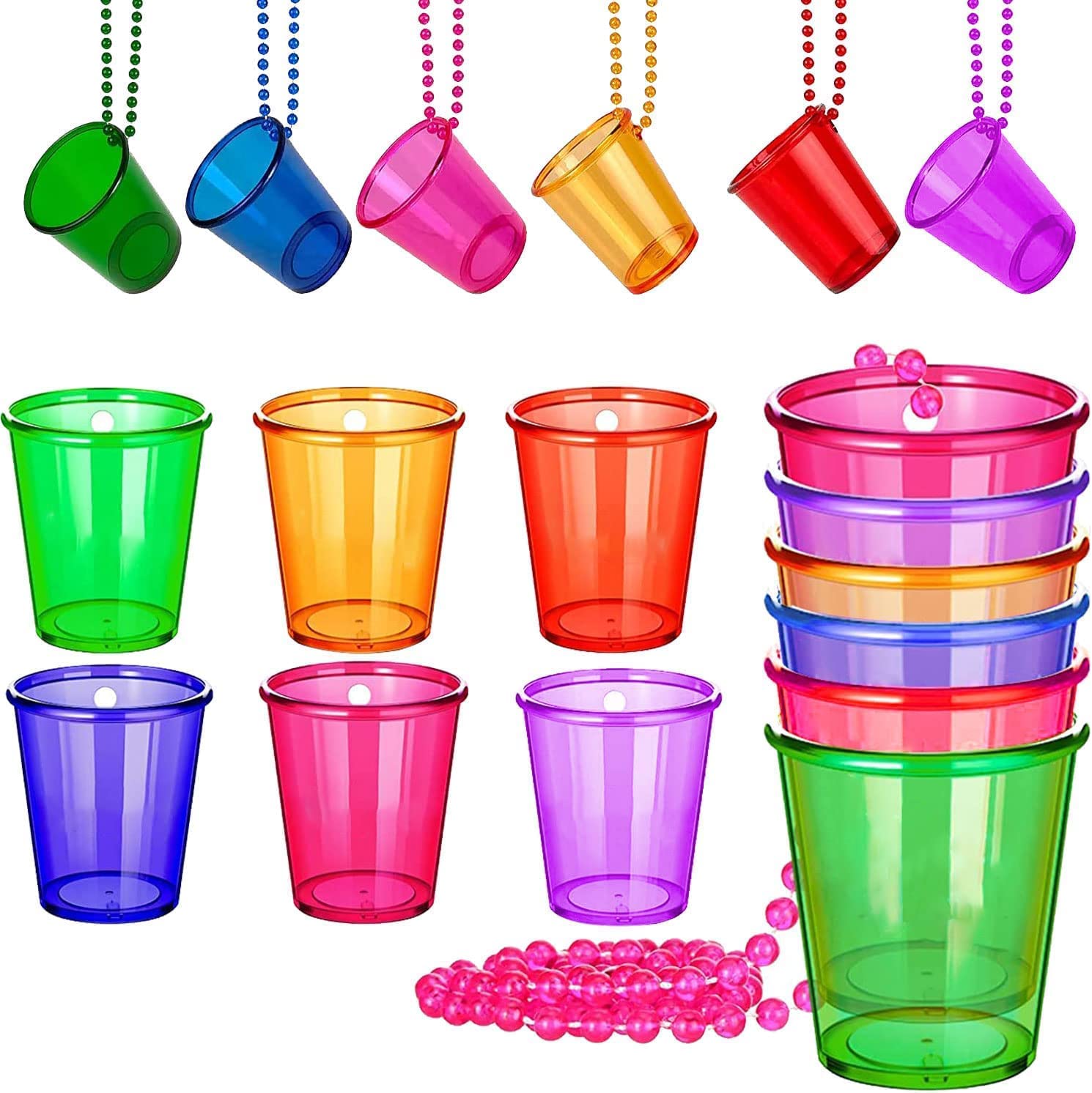 Lot de 24 verres à shot avec chaîne, gobelets à shot à accrocher autour du cou, verres à shot, collier de perles, gobelets en plastique, verres à shot JGA pour enterrement de