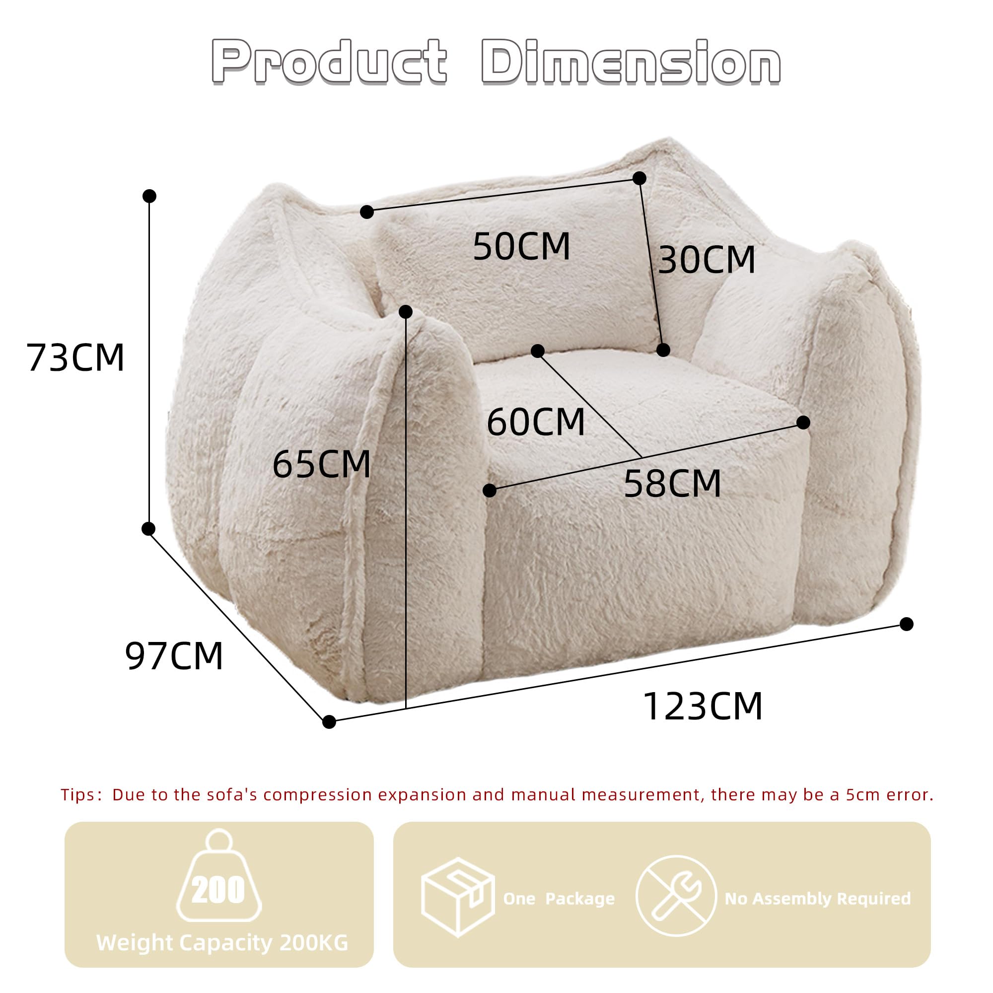 Puf gigante de piel sintética con cojín, cómodo para leer y jugar, para adultos y niños, para salón o dormitorio, color beige