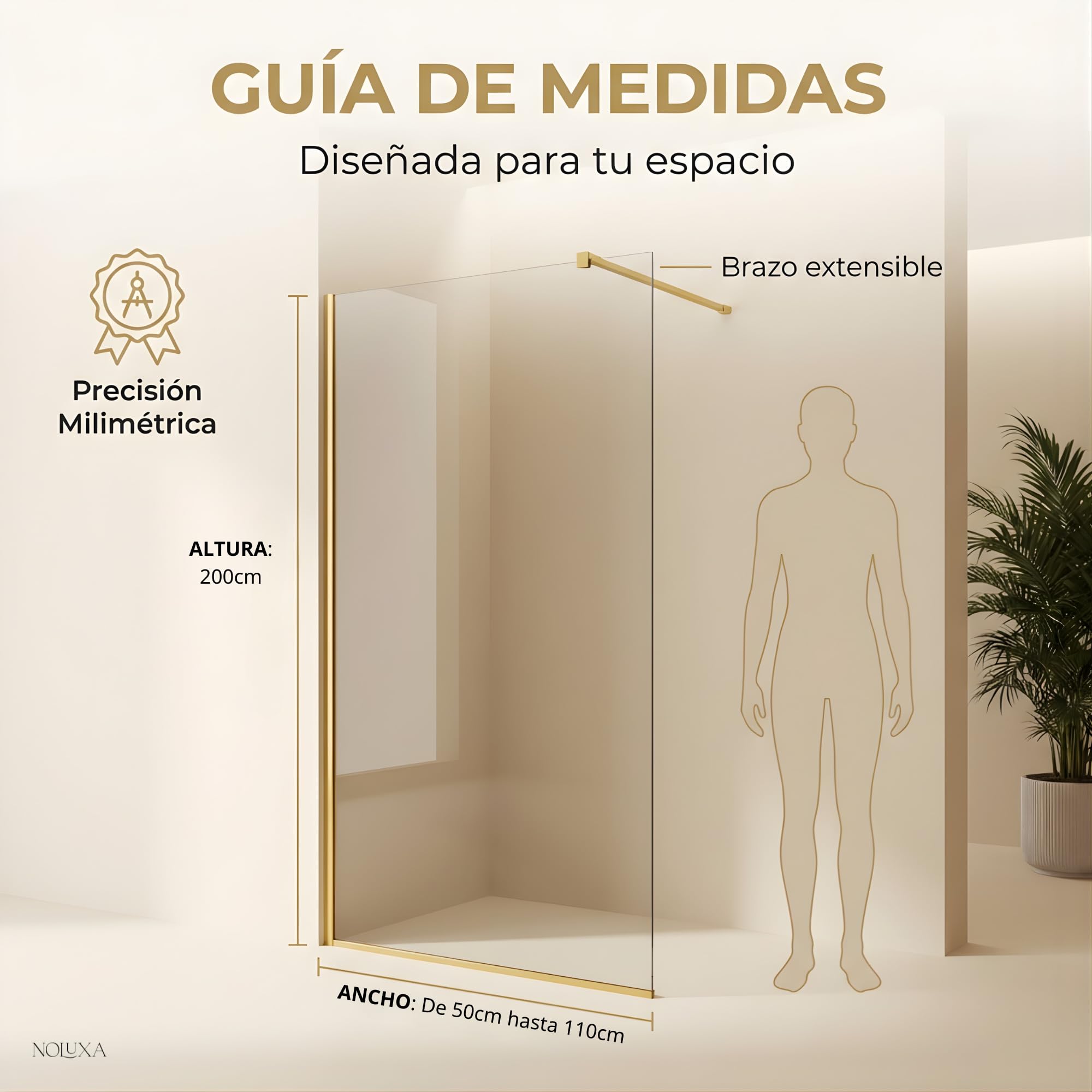 IMEX - Mampara Ducha Fija 50cm Frontal Cromada con Brazo de Sujeción | Mampara de Cristal Antical y Perfilería de Aluminio con 200cm de Altura | Vidrio con Grosor 8mm y Sistema de Montaje Fácil