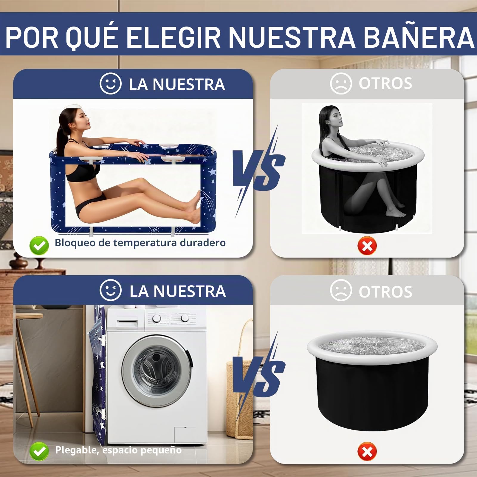 Bañera Plegable para Ducha, Bañera Portátil para Adultos con Cojines, Bañeras Independiente para Interiores y Exteriores, 120 x 55 x 50 cm (Azul)