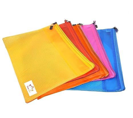 True-Ally 5 Pieces Transparent Pouch - Heavy-Duty Plastic Reinforced with Threads - Mesh Bag with Zipper for Organize Supplies (Colour May Vary, 21cm X 15cm)(A5)