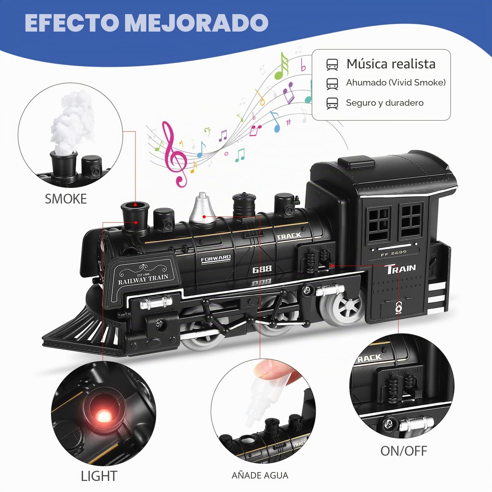 Toyvian Juego de tren eléctrico para niños - Tren modelo a batería con motor de locomotora de vapor de sonidos y luces, coches de carga y pistas, juegos de tren de Navidad para debajo del árbol