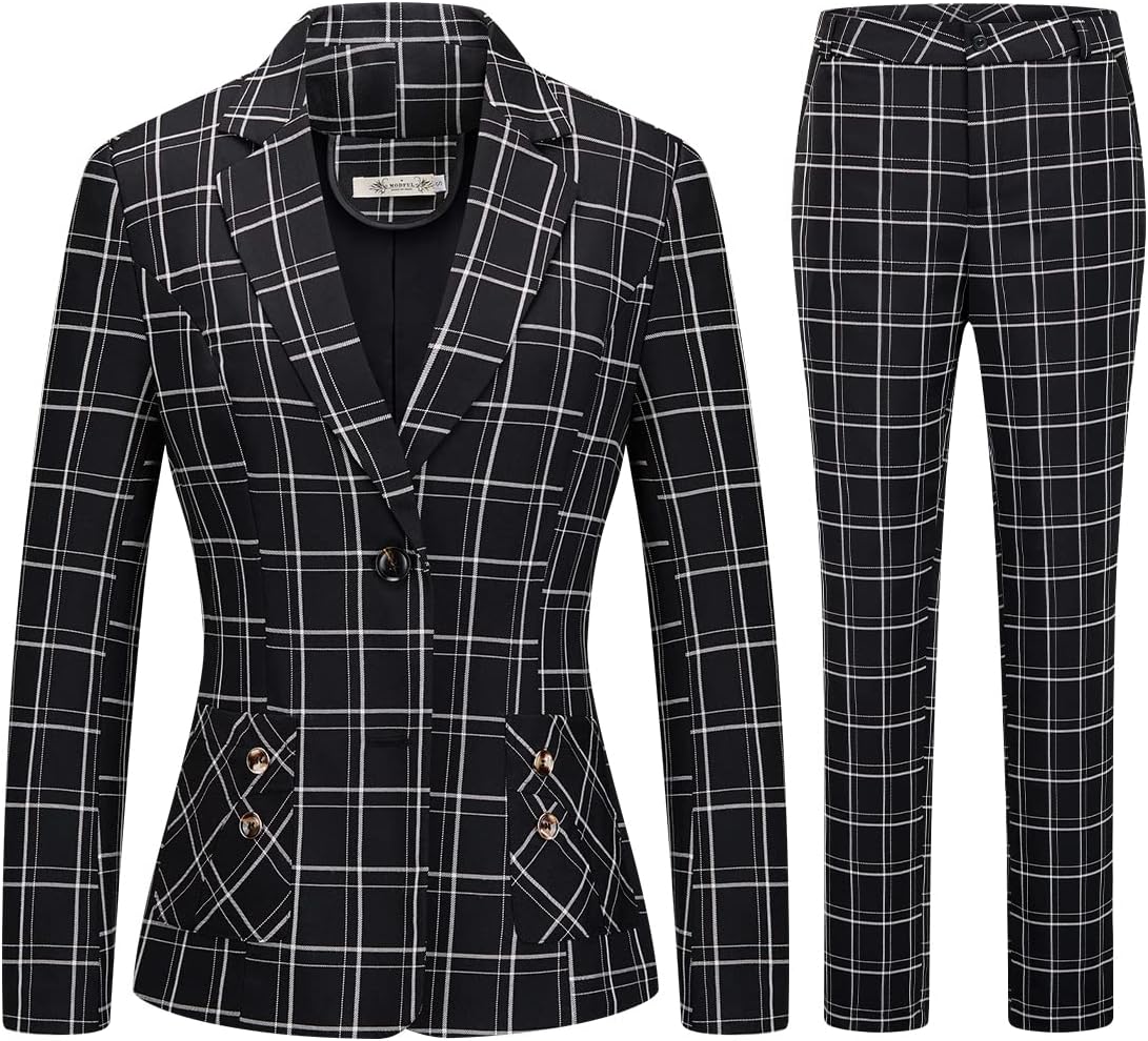 Womens 2 Piece Plaid Suits Set Business Office One Button Blazer Jacket Casual Long Sleeve Pant Suit Set