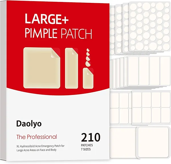 Daolyo Large Pimple Patches for Face, 7 Sizes 210 Counts XL Acne Patches, Big Hydrocolloid Bandages for Body, Chin, Forehead, Chest, Back Zit Breakouts (Strip, Square, Round)