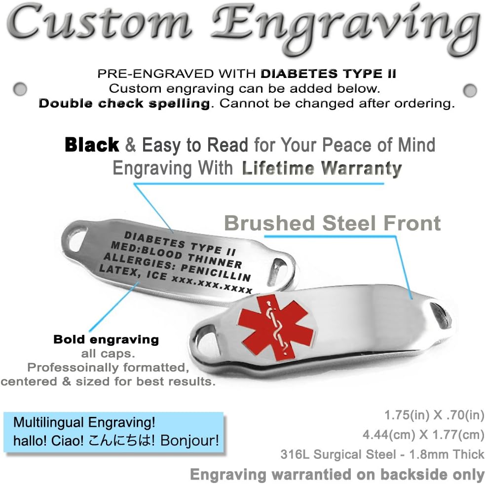 Pre-Engraved & Customized Diabetes Type II Medical Bracelet, Wallet Card Incld, Red Symbol
