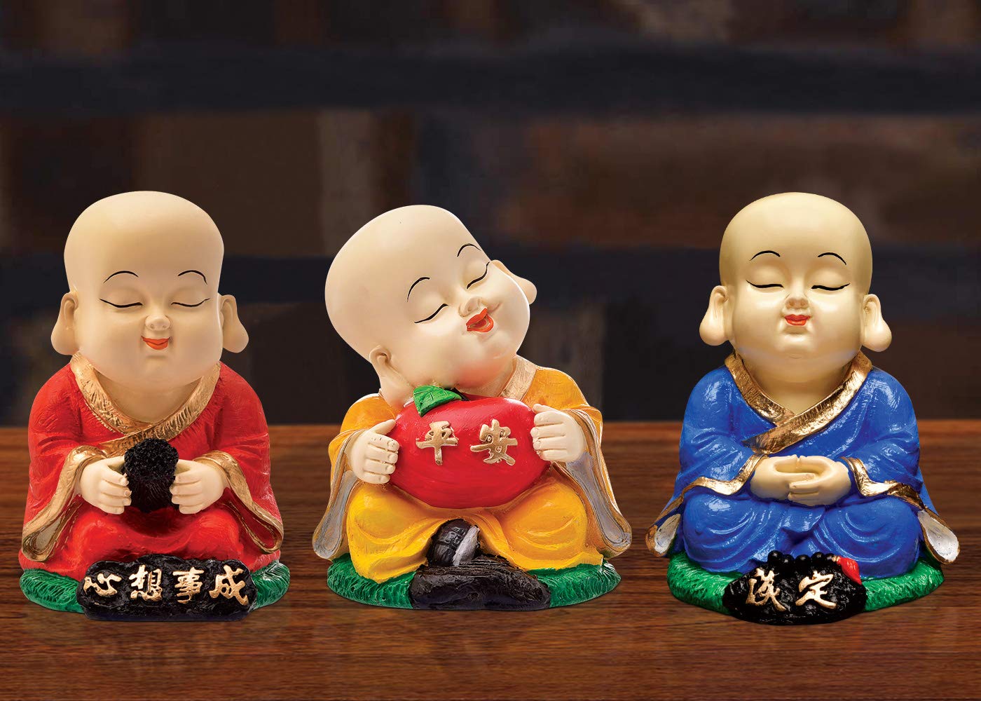 Karigaari India Handcrafted Resin Little Sitting Home Decor Buddha Monk Sculpture/Idols/Figurine/Showpiece for Health, Wealth and Prosperity (Yellow, Standard) Set of 3
