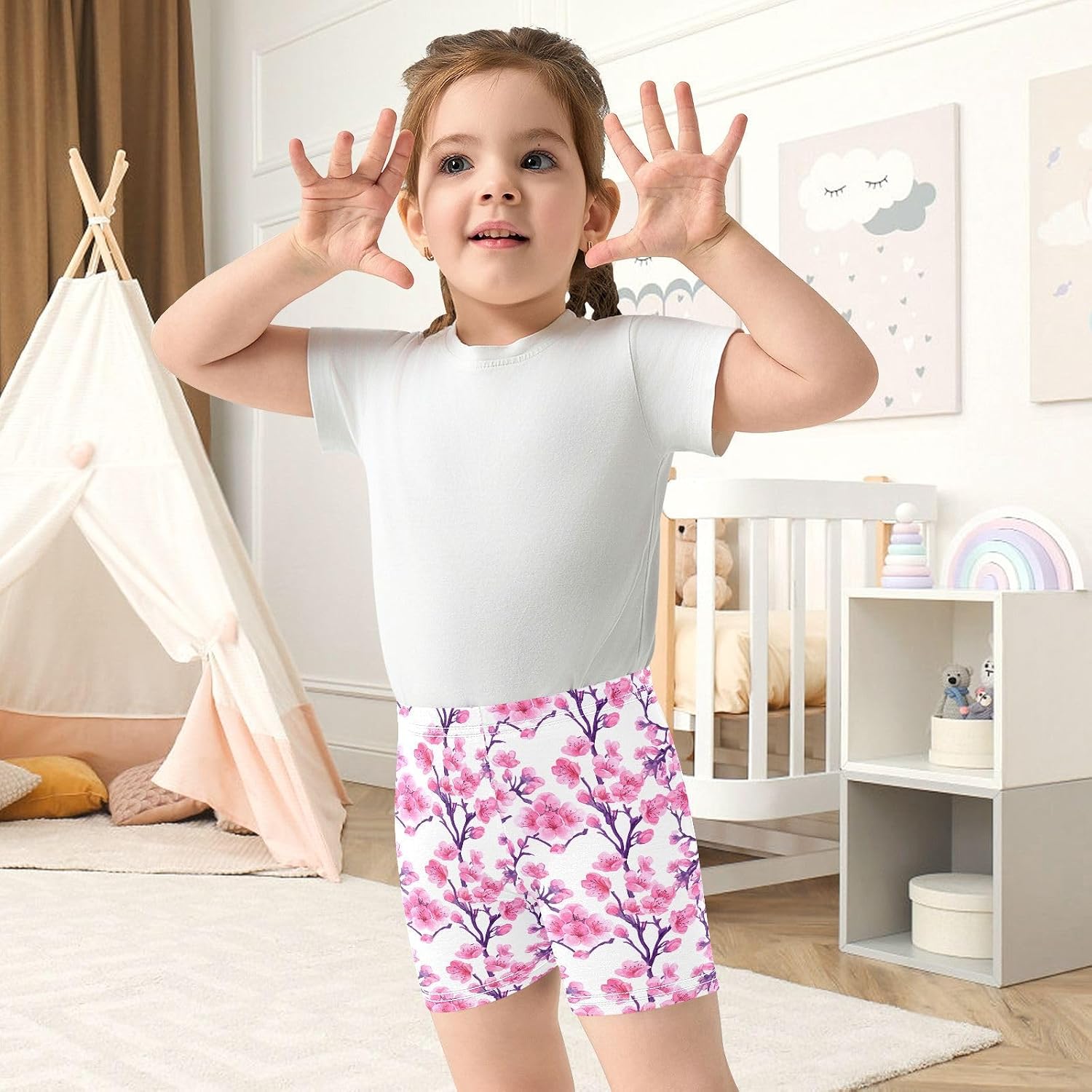 Pink Purple Cherry Blossoms Girls Bike Shorts Toddler Soft Cotton Active Under Dress Shorts