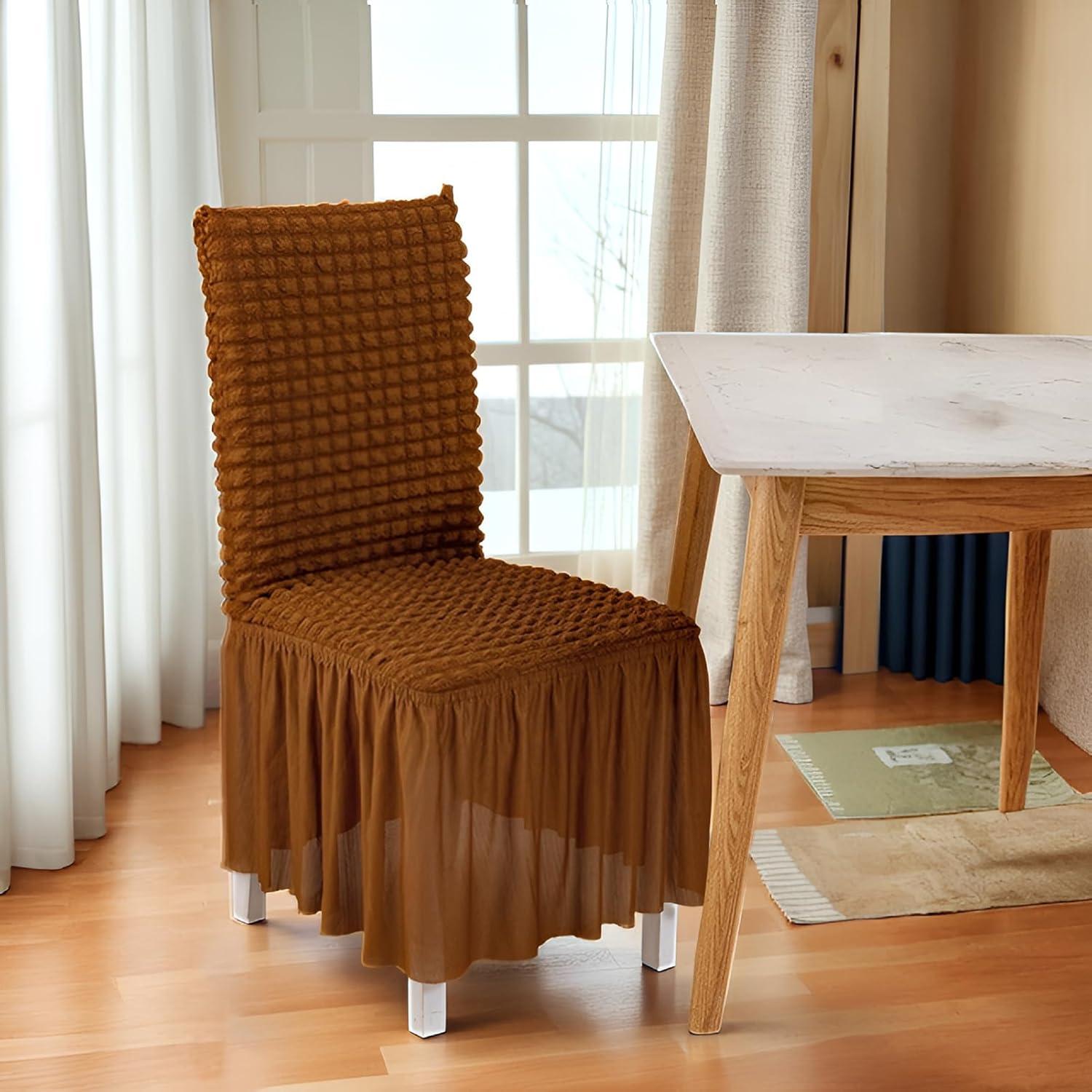 Seersucker Dining Chair Covers with Skirt, Universal Chair Covers Stretch Furniture Protective Cover Washable Chairs Slipcovers for Kitchen Wedding Party Banquet (4pcs, Brown)