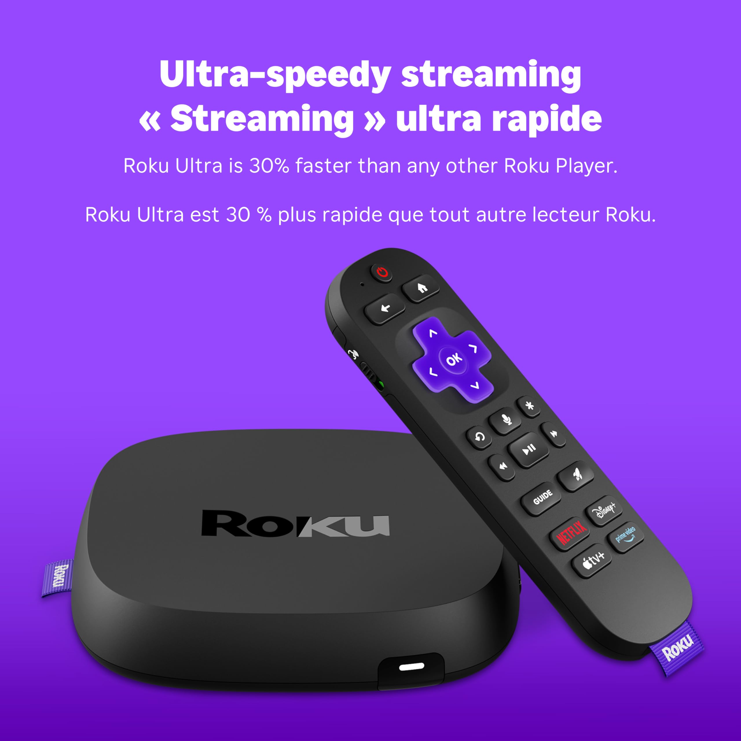 Roku Ultra 2024 | El Mejor Reproductor de transmisión - Dispositivo de transmisión 4K con HDR10+, Dolby Vision y Atmos - Bluetooth y Wi-Fi 6 - Control Remoto de Voz Recargable Pro con Botones