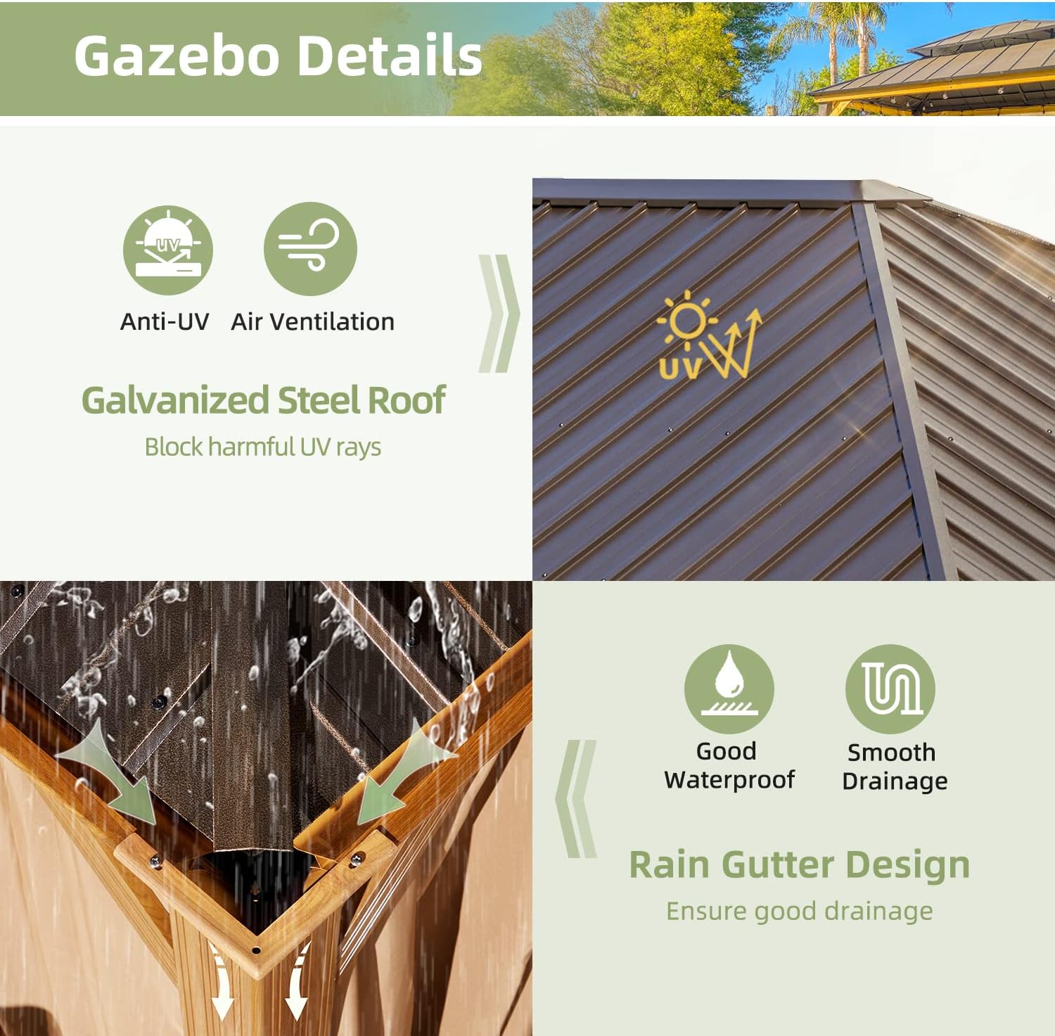 YOLENY 12' x 16' Hardtop Gazebo, Wood Looking Gazebo with Aluminum Frame and Single Galvanized Steel Roof, Outdoor Permanent Metal Pavilion with Curtains and Nettings for Deck, Backyard and Patio