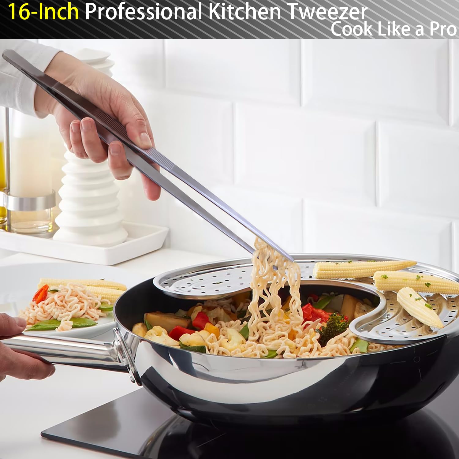 JETKONG 2 pinzas de cocina de acero inoxidable de 16 pulgadas, pinzas rectas para alimentos, pinzas de cocina profesionales para cocinar reparación y barbacoa (16 pulgadas, plateado)