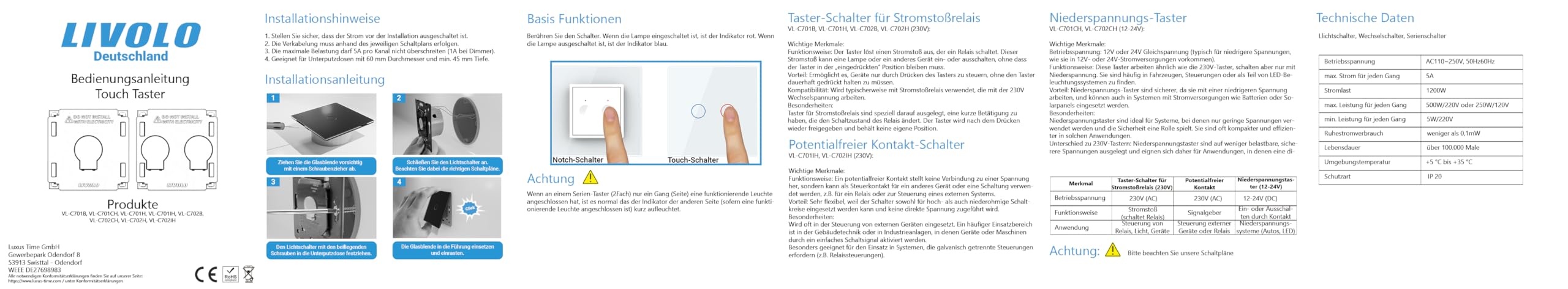 LIVOLO LED Dimmer Lichtschalter Helligkeitsregler Dimmschalter Wandlichtschalter für Unterputz mit Glasrahmen weiß