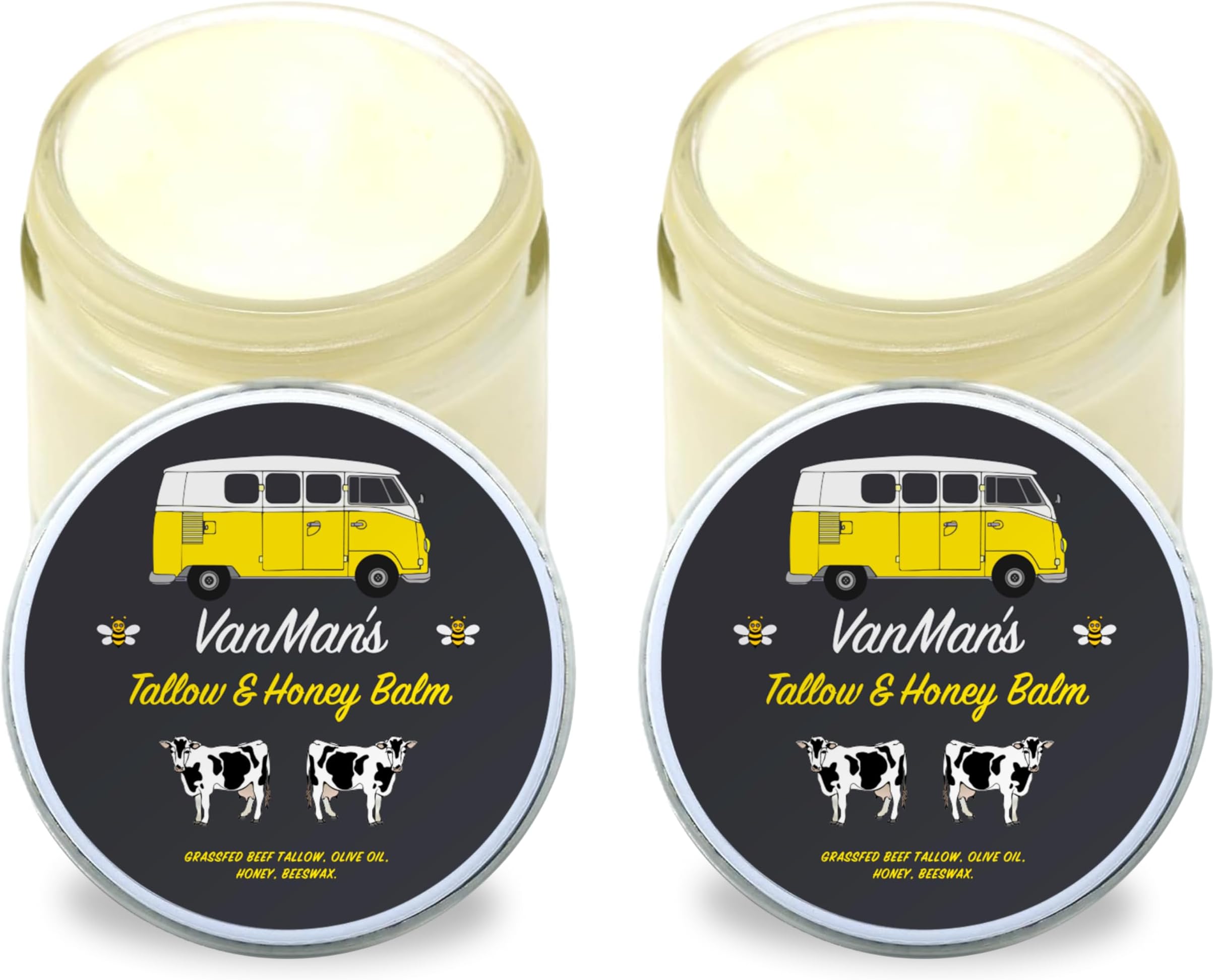 Vanman's Tallow and Honey Balm With No Added Scent (2 Pack) - Beef Tallow Face Moisturizer with Grass-Fed/Finished Beef Tallow for Skin, Organic Raw Honey and Beeswax, Cold Pressed Olive Oil - 2 oz