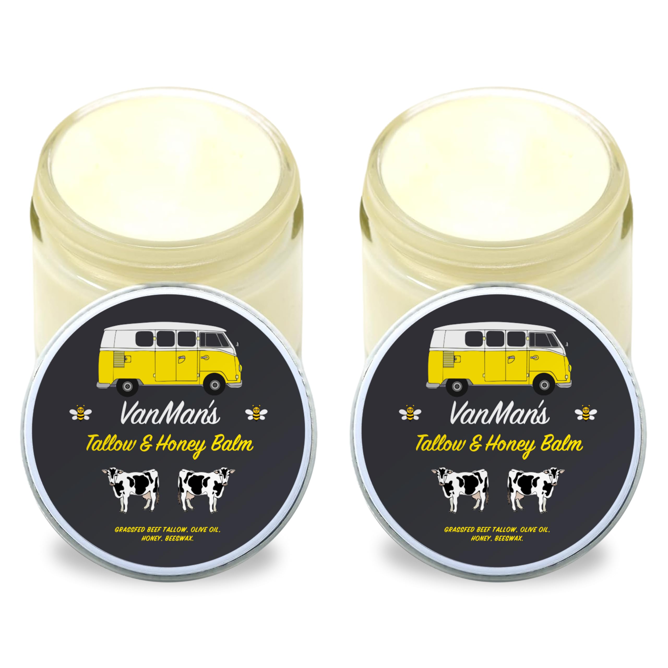 Vanman's Tallow and Honey Balm With No Added Scent (2 Pack) - Beef Tallow Face Moisturizer with Grass-Fed/Finished Beef Tallow for Skin, Organic Raw Honey and Beeswax, Cold Pressed Olive Oil - 2 oz