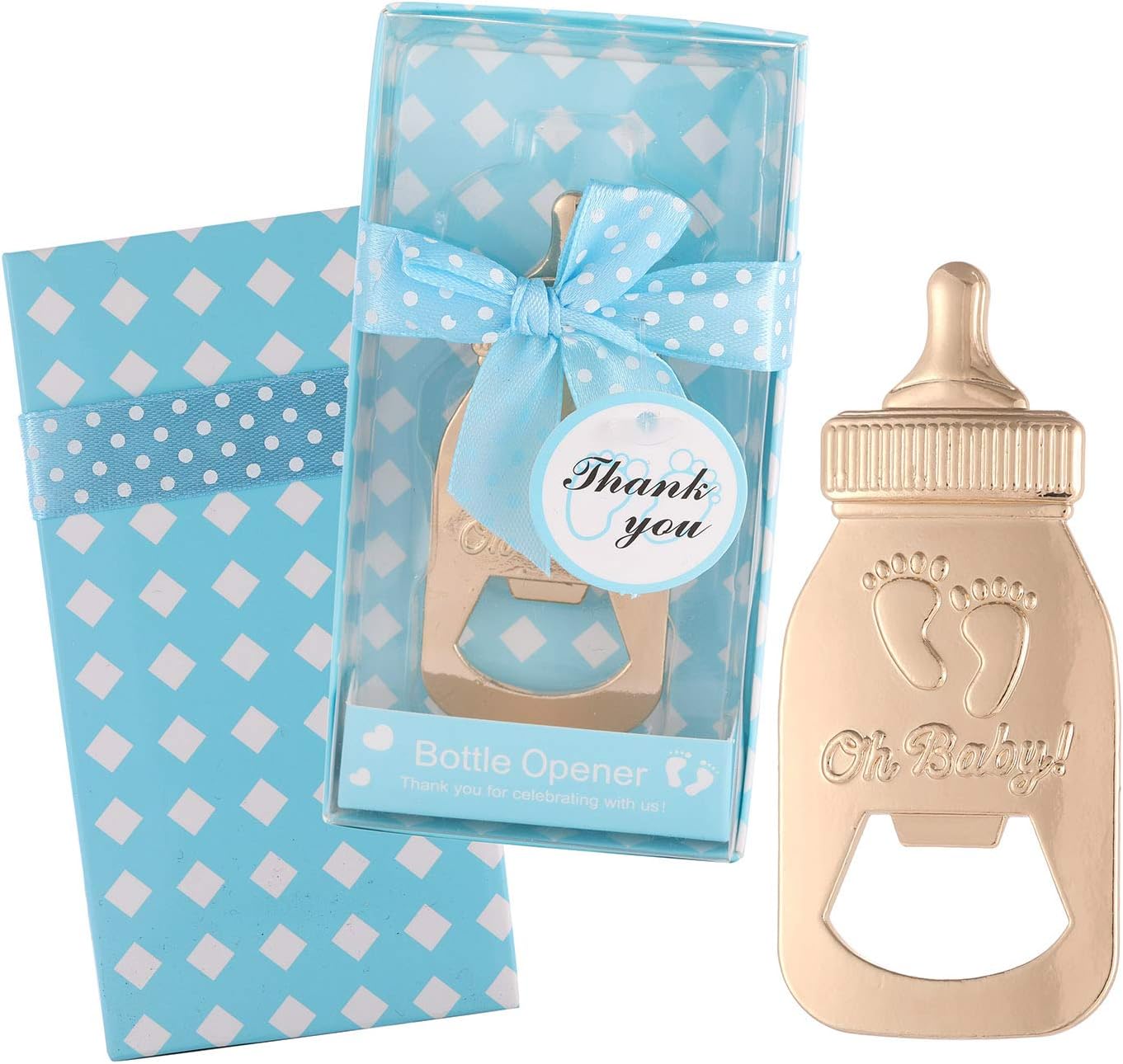 Yuokwer 24pcs Bottle Opener Baby Shower Favor For Guest,Cute Oh Baby with Baby Footprints Neutral Baby Shower Decoration Supplies for Boy or Girl with Exquisite Packaging (Blue, 24)