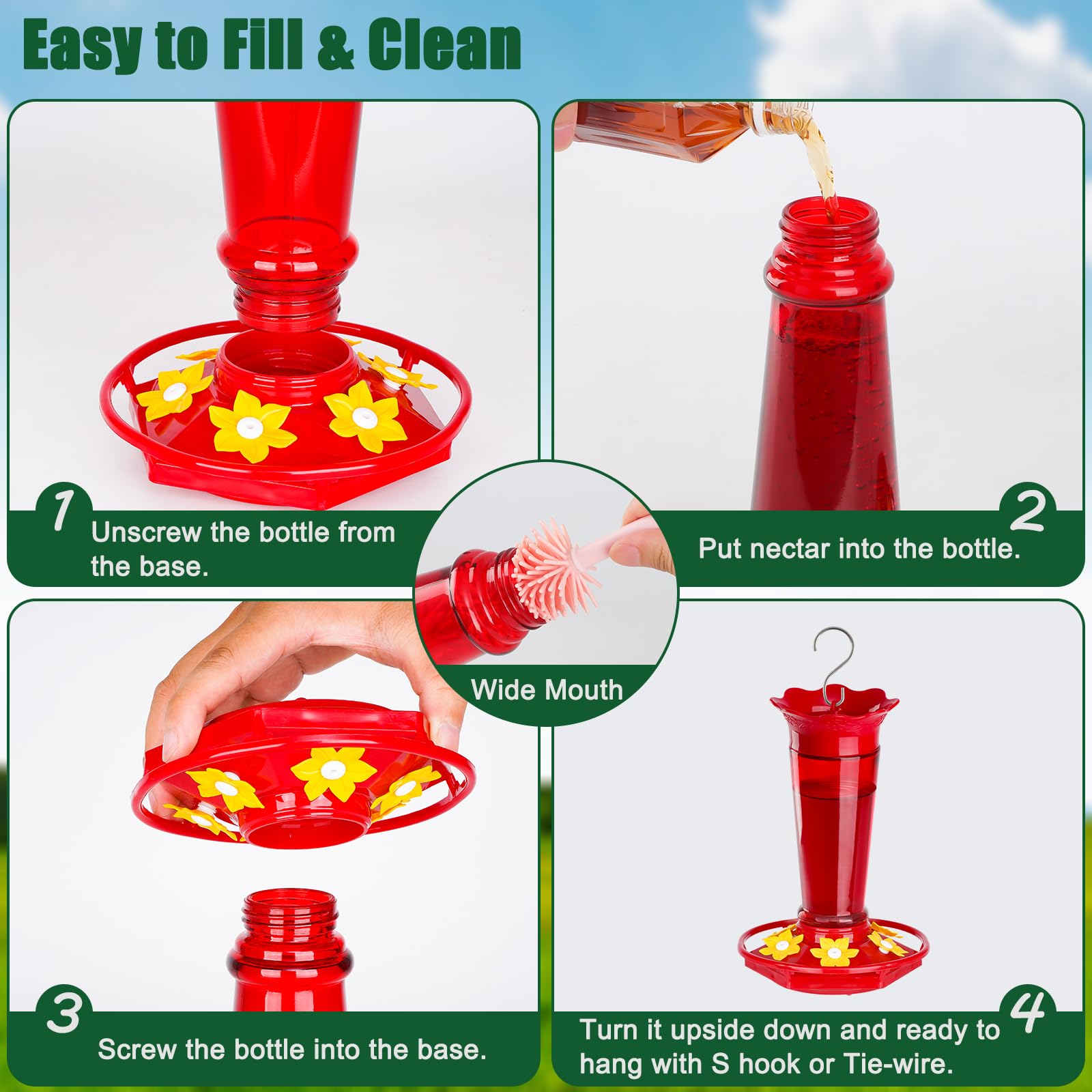 Gbekery Comederos de vidrio para colibríes para colgar al aire libre, a prueba de hormigas y abejas, color rojo, 10 onzas, paquete de 2 comederos para aves para colgar en exteriores, 5 estaciones
