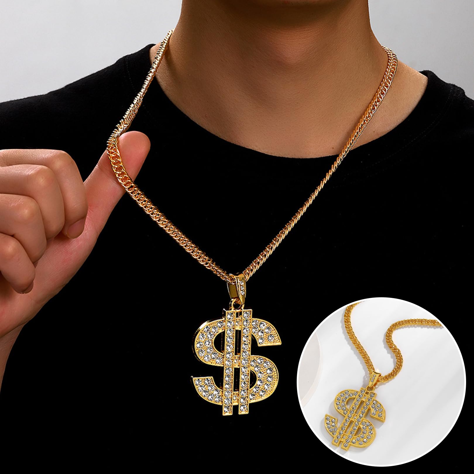 4 Pcs Hip Hop Costume Accessories Set,Fake Gold Chain Men,Halloween/Christmas/80s/90s Fancy Dress Costumes,Dollar Necklace,Dollar Ring,Hippie Glasses Mens,Accessories for Rapper/Boys/Girls Disco Party - Image 4