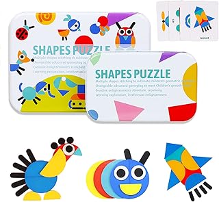 Sizkii Wooden Pattern Blocks Jigsaw Puzzle, Toddler Montessori Toy Animals & Trucks Tangram Puzzle Educational Game Toys, Geometric Manipulative Shape Puzzles Brain Teaser STEM Gift for Kid(White Box)