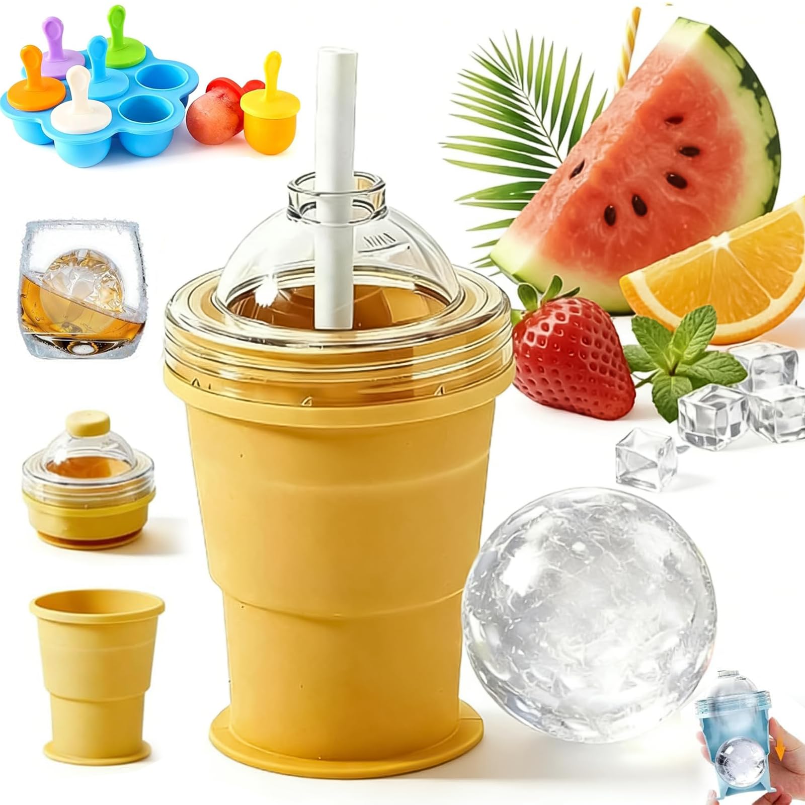 2-in-1 Collapsible Silicone Ice Ball Maker Cup, Foldable Ice Hockey Cup, Reusable Portable IceSphere Mold with Straw & Lid, Leakproof ICES Ball Coffee Cups for Camping, Office, Cocktails (Yellow)