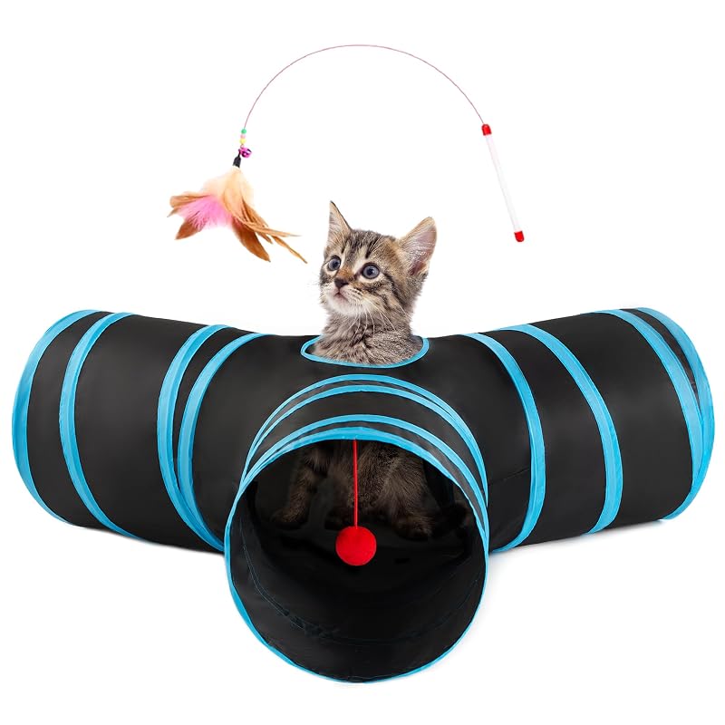 Túnel triplo dobrável para gatos com varinha e bola Love's cabin Black&Blue, tamanho S