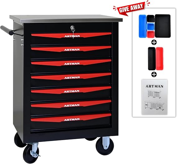 7-Drawer Heavy-Duty Rolling Steel Tool Cart with Handle&Wheels, Metal Storage Organizer Cabinet, Tool Chest for Efficient Tool Storage in Garage, Warehouse, Workshop, Repair Shop, Black&RED