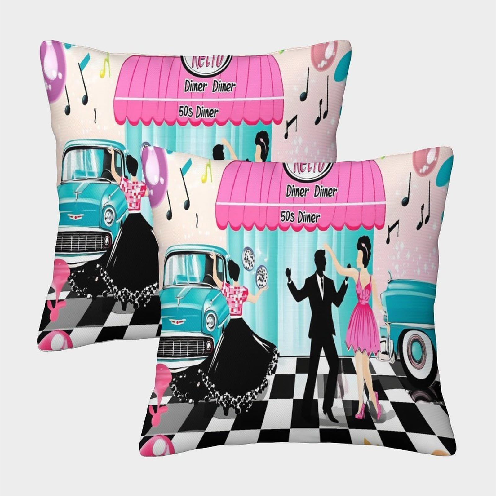 FELASBUID Retro Diner Scene—50s Style Illustration Pillow Cases Pack of 2 Cozy Pillowcases Cushion Cover Polyester Decorative for Couch Livingroom 40x40cm