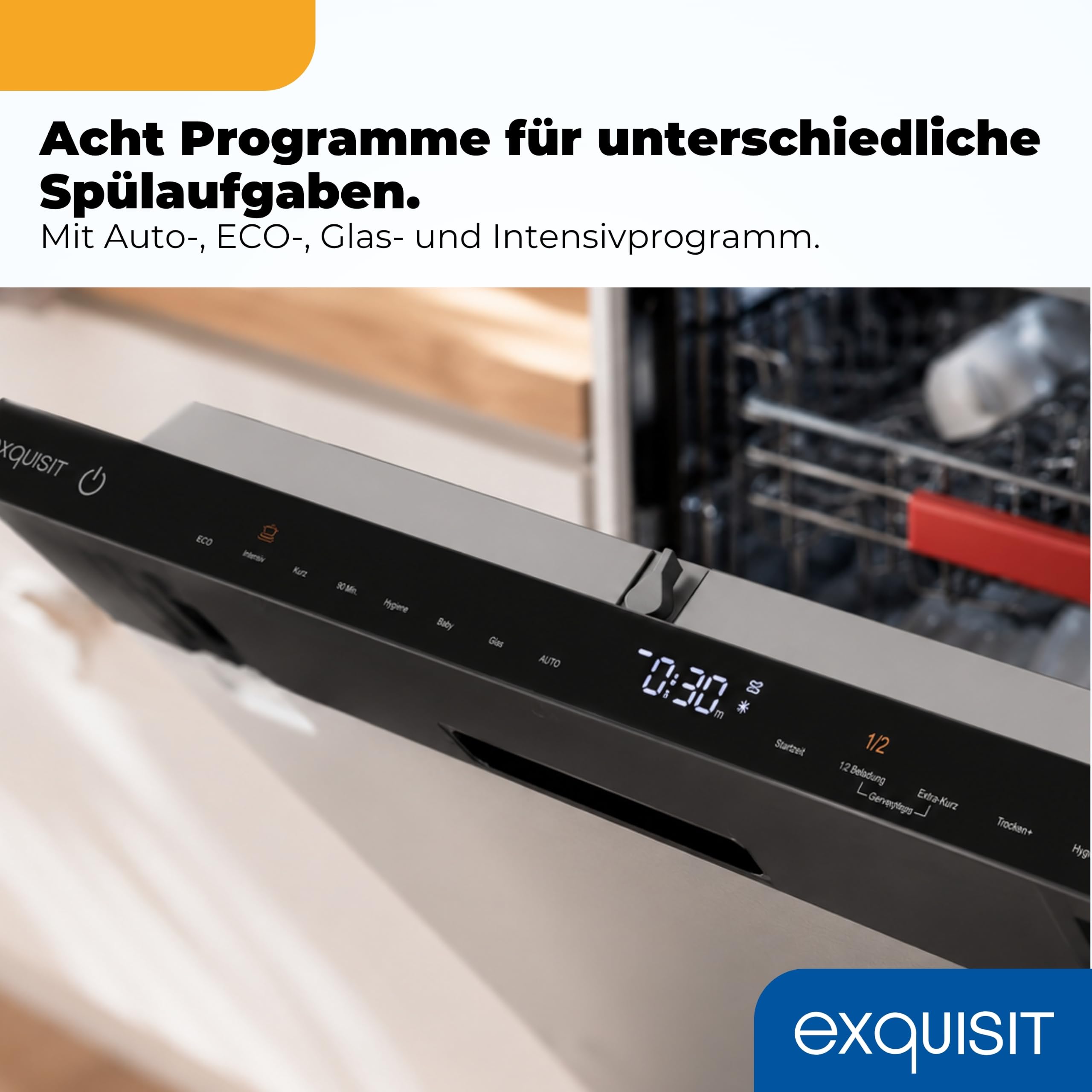 Exquisit Vollintegrierbarer Geschirrspüler 16 Maßgedecke | Energieklasse C | 8 Programme | Eco, Intensiv & Glas | Aquastop | Besteckschublade | Extra-Trocknung | Startzeitvorwahl | LED-Fußbodenanzeige