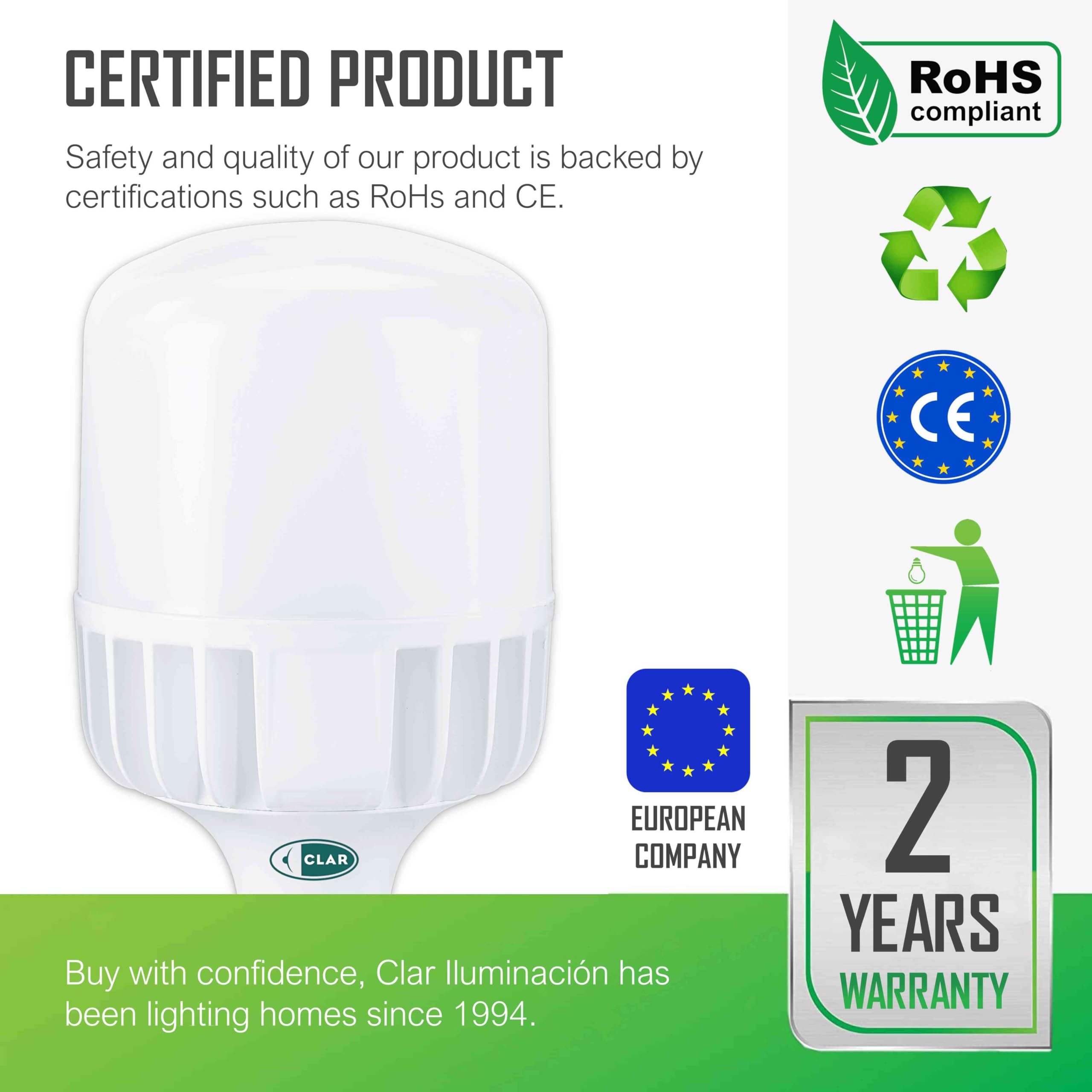 CLAR – Lampadina LED E27 Potente 50W, Luce Fredda 6500K (Confezione da 2)