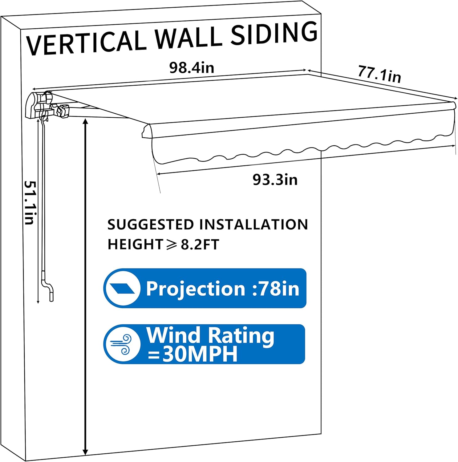 BlueWish 8'x7' Awnings for Patio with Adjustable Canopy, Retractable Awning with Heavy Duty Aluminum Frame, Patio Awning Sun Shade Window Shelter for Deck, Garden, Beige