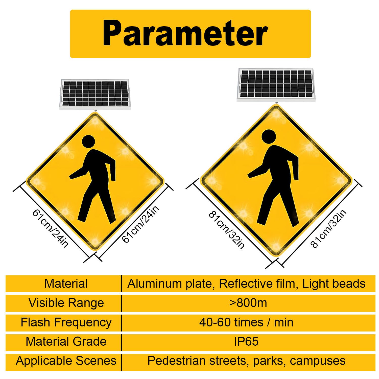 Letrero solar LED intermitente para peatones – Cartel de paso de peatones resistente al óxido de 24 pulgadas para seguridad vial urbana y suburbana – Juego de 2 piezas
