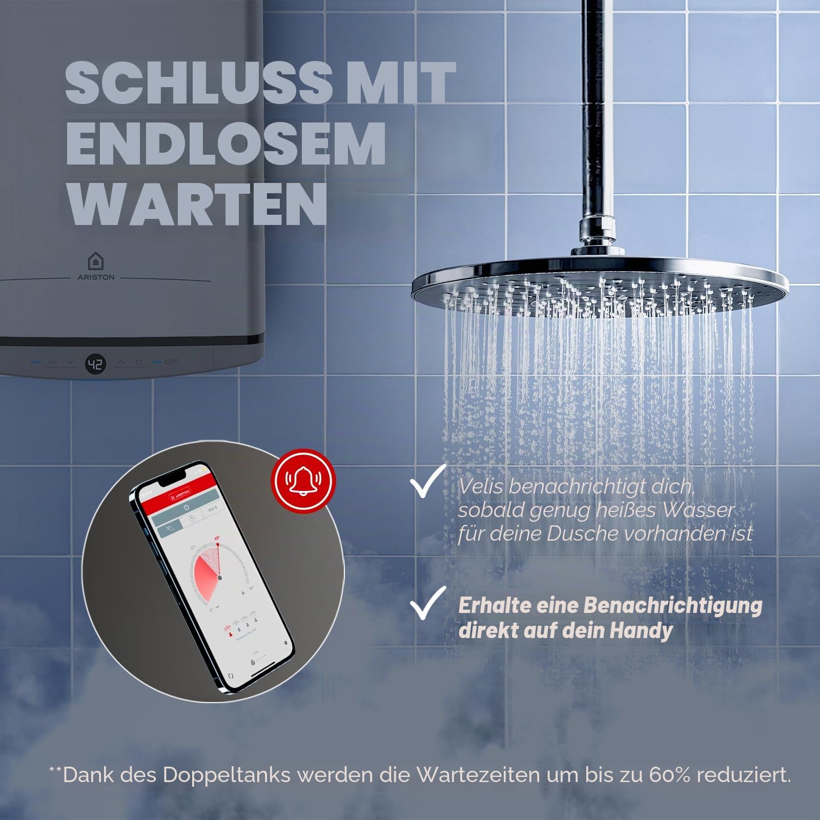 Ariston Velis Pro Wifi Elektrischer Warmwasserbereiter, niedriger Stromverbrauch, mehrere Positionen, 50 Liter, flach, WLAN und ECO-EVO-Funktion, 79,7 x 27,5 x 51,1 cm, Installation in Spanien
