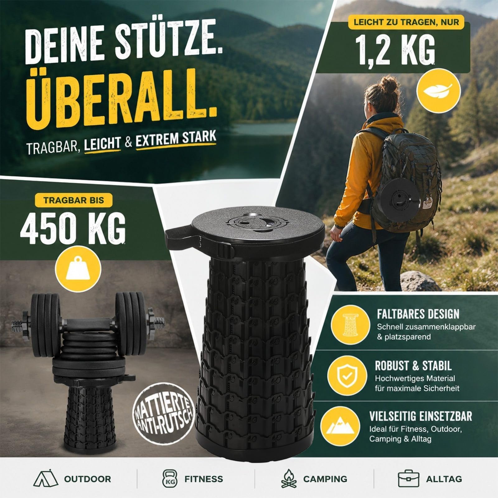 Mini sgabello telescopico pieghevole portatile pieghevole e regolabile in altezza 7-45 cm per adulti, resistente, portata 250 kg, ultralight, ideale per campeggio, pesca, viaggi, escursioni, barbecue