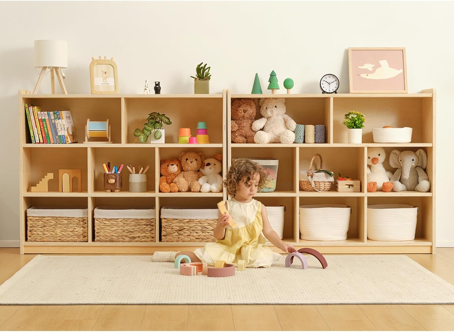 OOOK Montessori Toy Shelf, 35.4" H, 3-Tier Toy Storage Organizer with 8 Cubby, Wooden Storage Cabinet, Montessori Shelves for Playroom, Nursery, Daycare, Preschool, Classroom Furniture