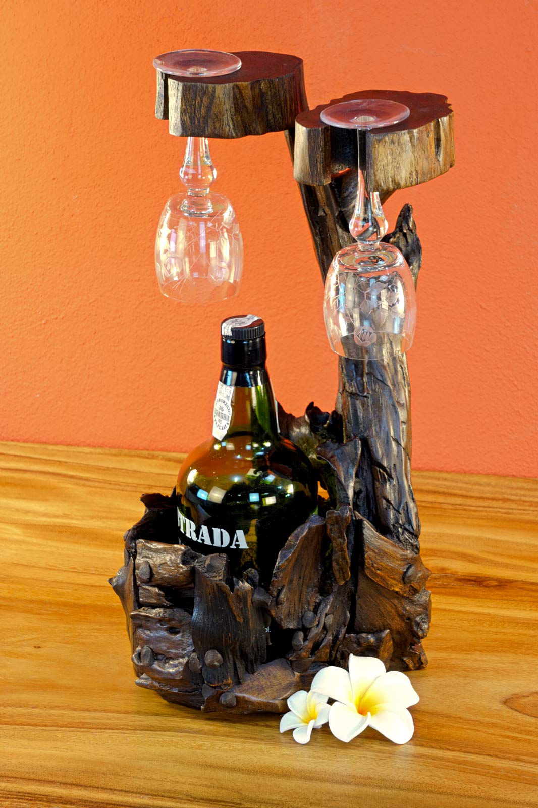 Kinaree Teak Wurzelholz Flaschenständer - 45cm Teak Flaschenhalter - Edel und dekorativ für 1 Flasche und 2 Gläser