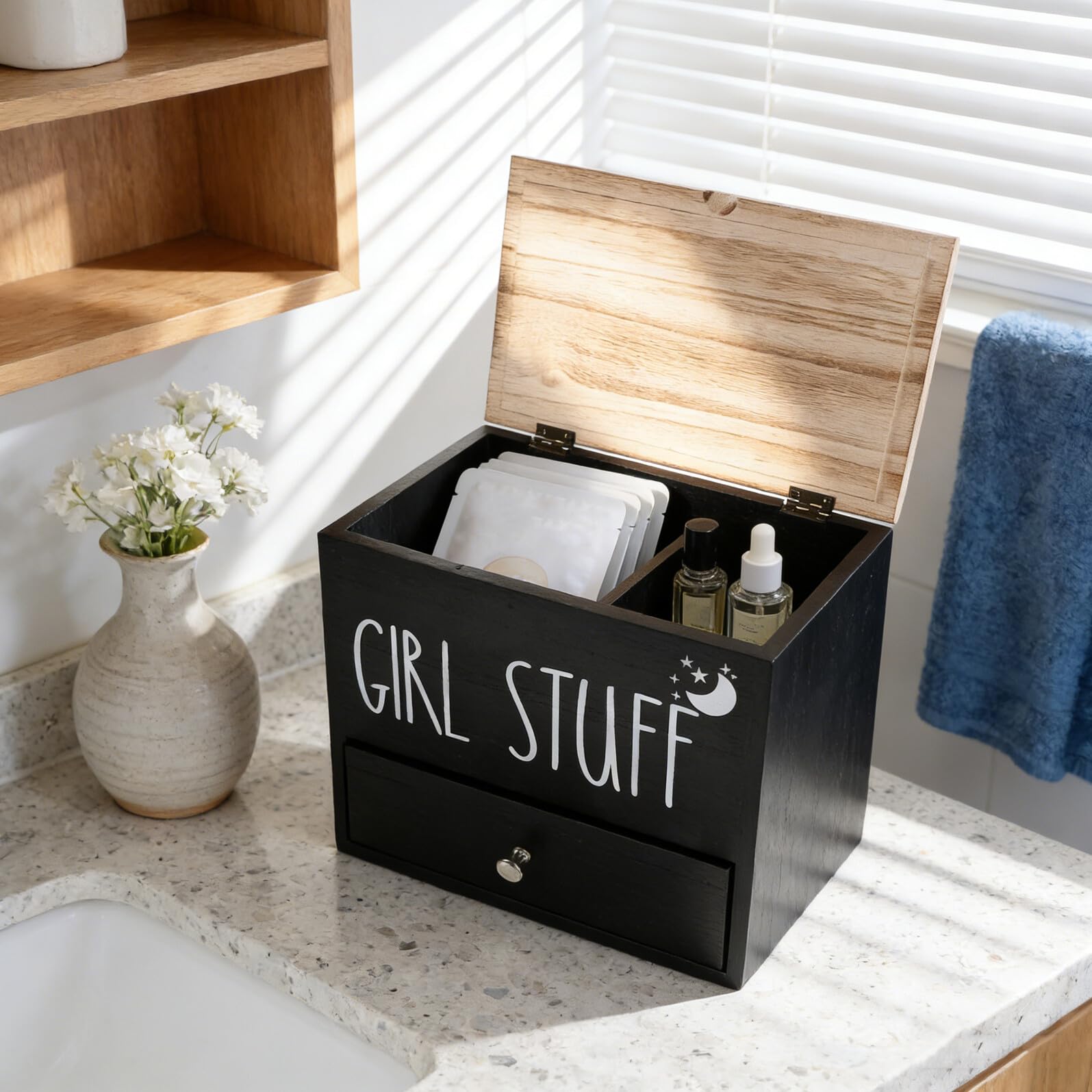 Tamponhalter Holz mit Deckel Badezimmer Aufbewahrungsbox Schwarz Feuchtigkeitsbeständig Geräumig Kompakt für Damenhygiene und Toilettenartikel