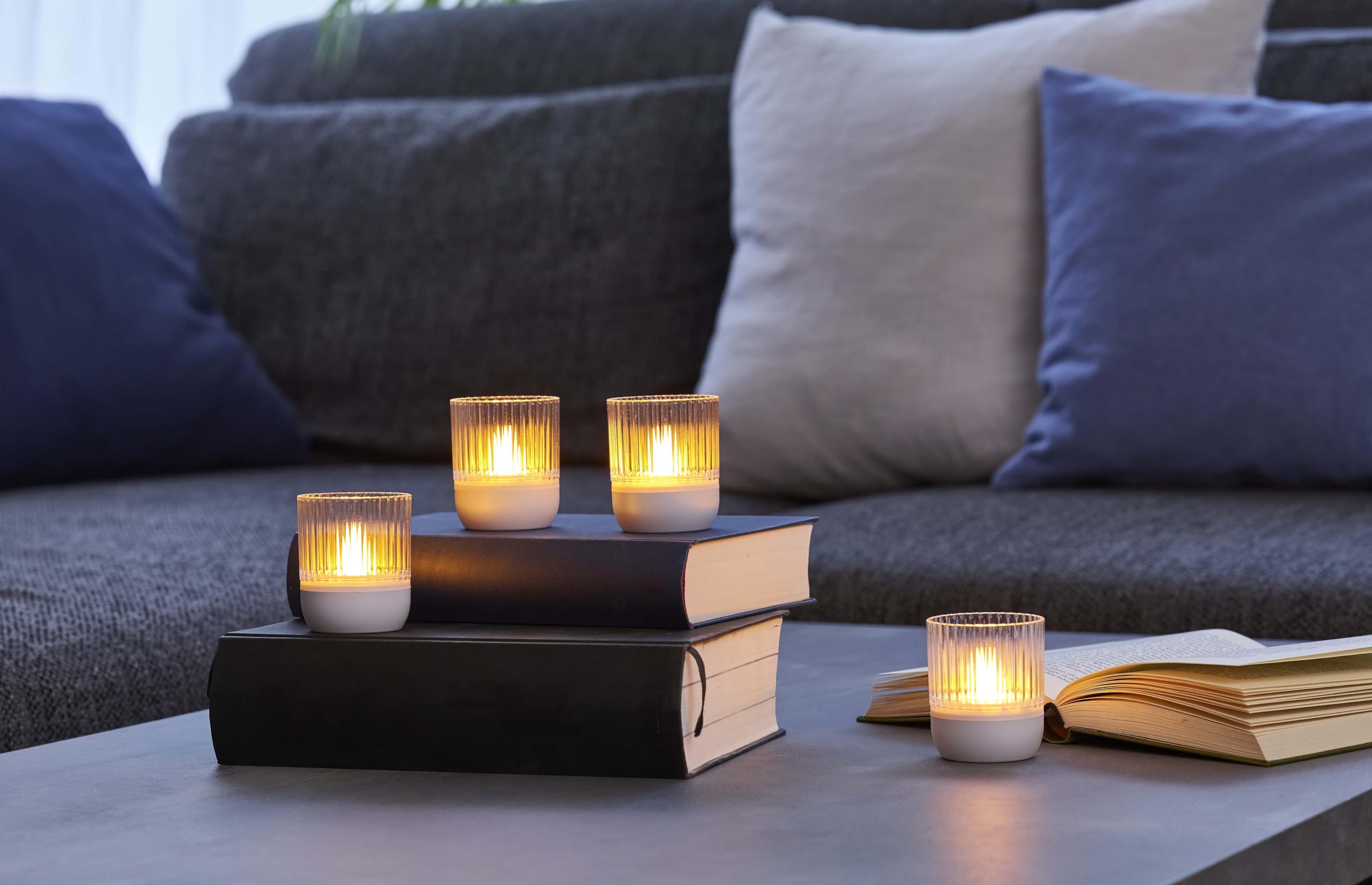 Northpoint LED Akku Lounge Lights 4er-Set mit Touchsensor Kabellos für Innen und Außen RGBW Flackereffekt Transparent weiß