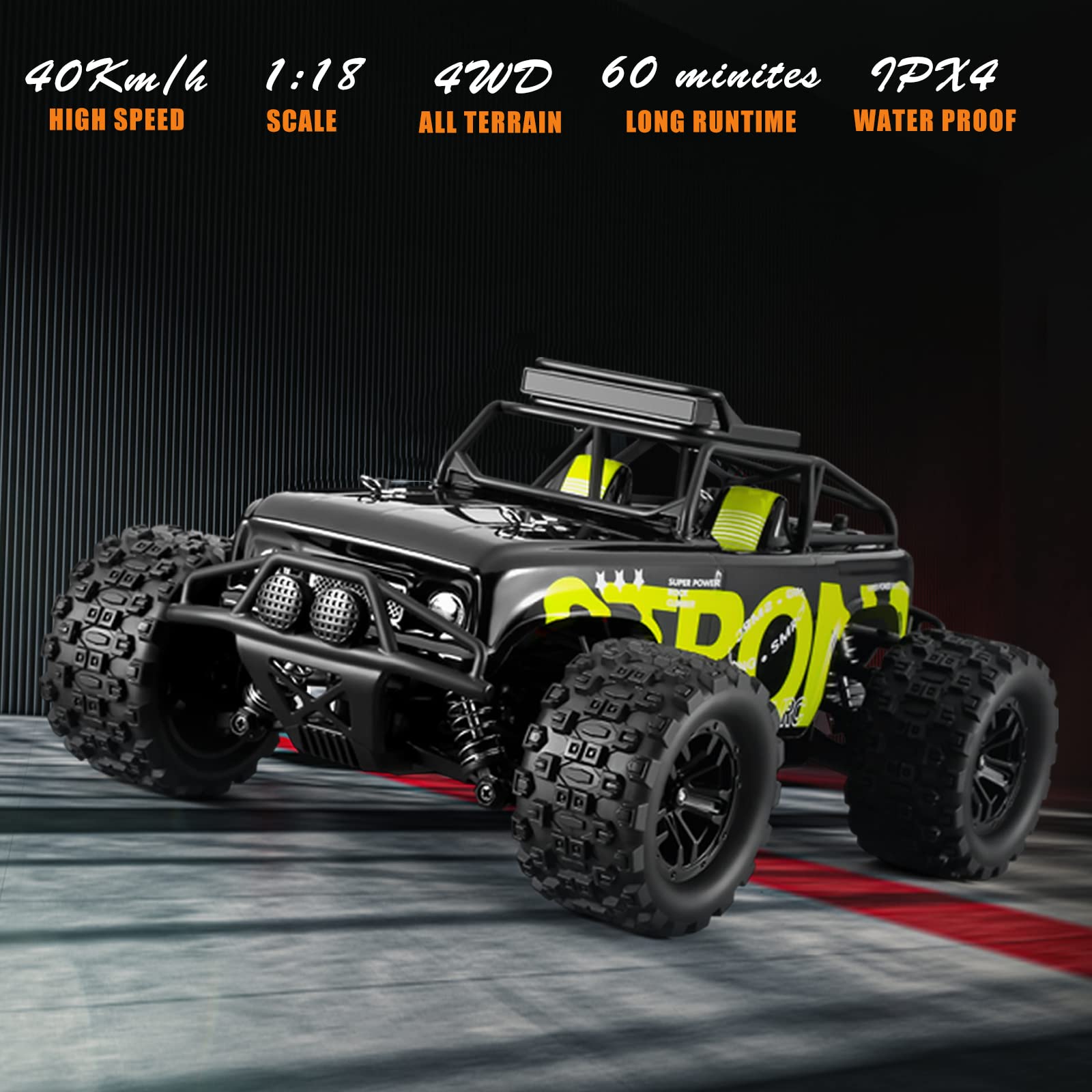 Ferngesteuertes Auto, 4WD RC Auto, 40 km/h Schnelles RC Truck, 1/18 All Terrains Geländewagen RC Crawler, 2.4GHz RC Fahrzeug, 2 Akku 60 Min, -1813 Grün