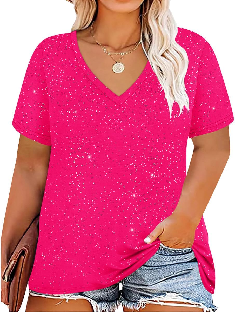 Womens Plus Size Tops Basic Summer Shirts Short Sleeve V Neck Tunics Casual T-Shirt Loose Fits XL-5XL