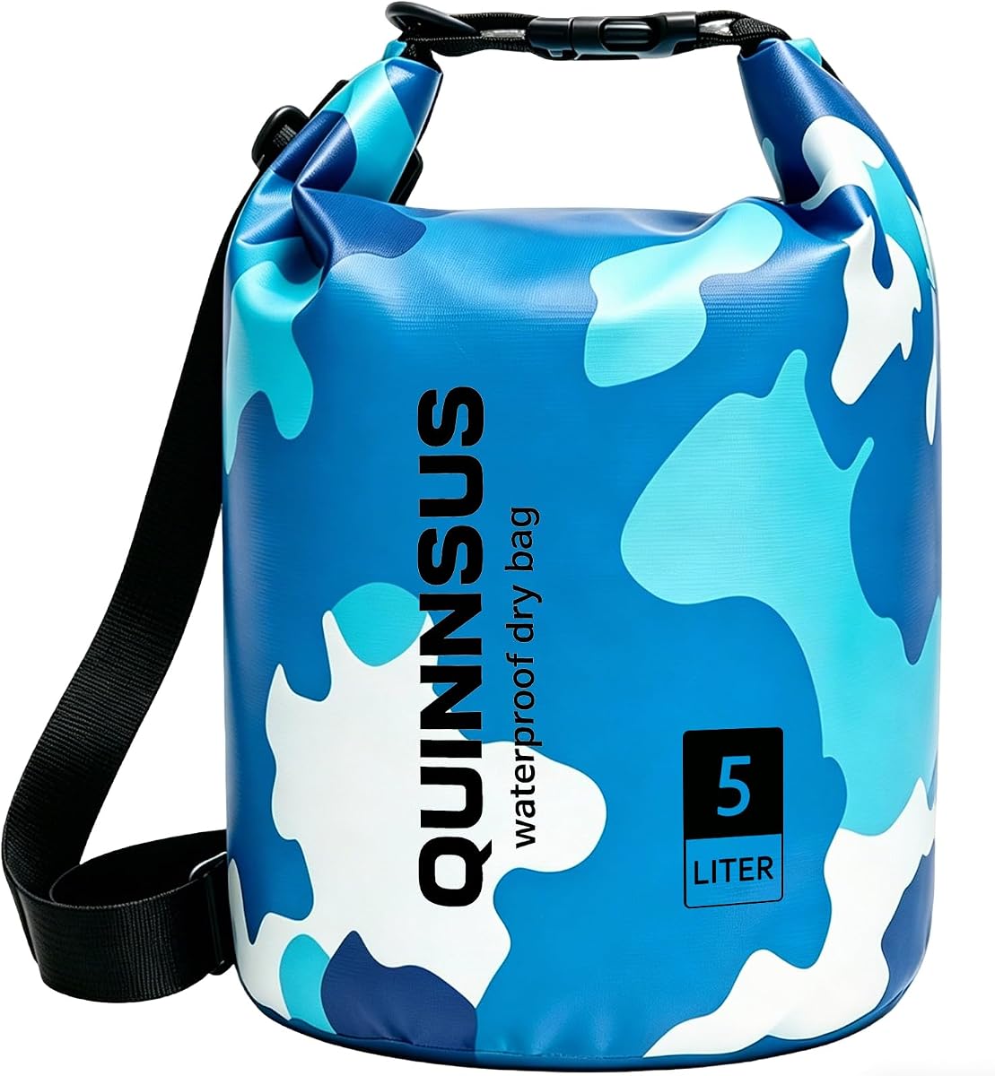 Quinnsus Waterproof Dry Bag Backpack 5L – Roll Top Floating Sack Keeps Gear Dry for Kayaking, Boating, Fishing, Camping, Swimming & Hiking, Beach Accessories Blue Camo