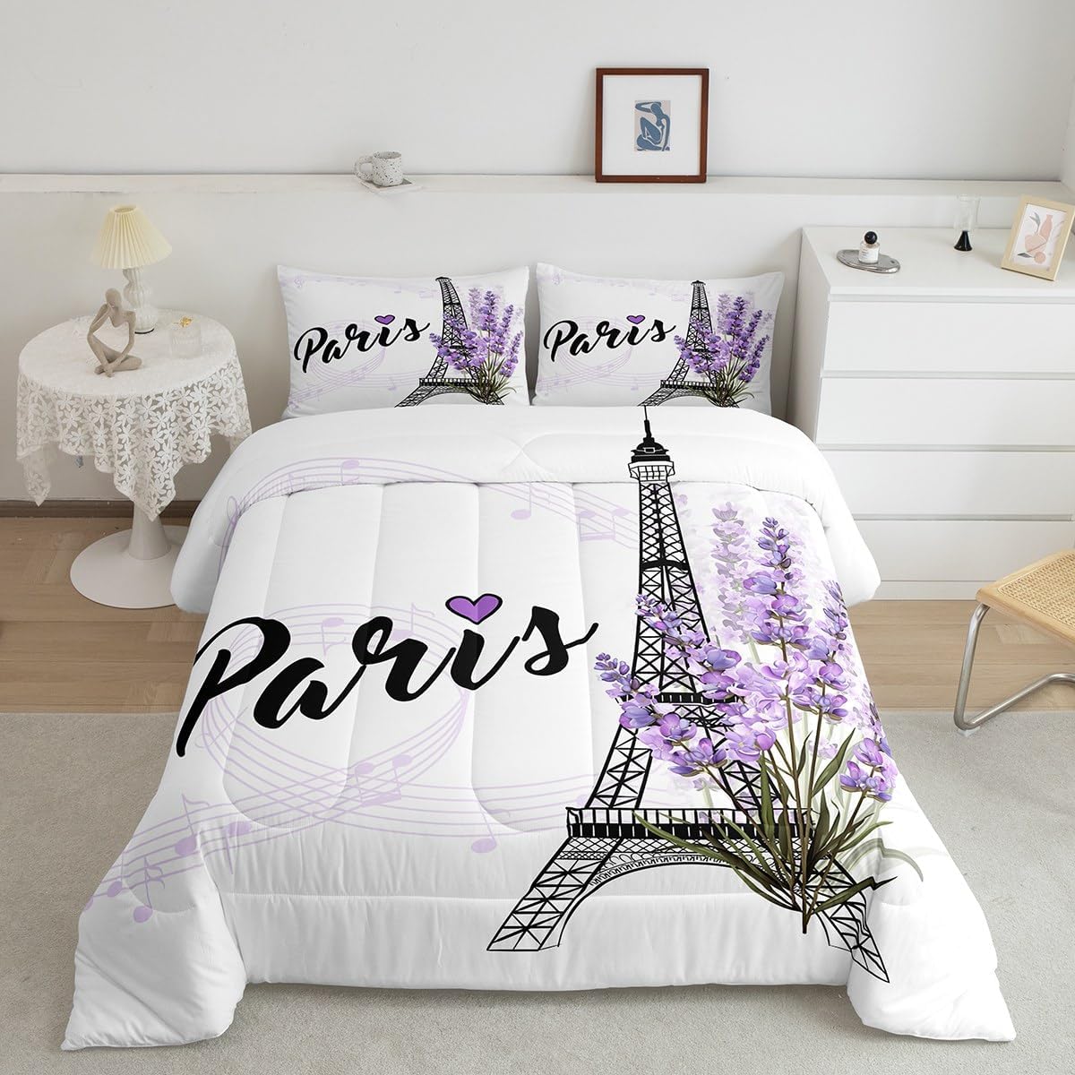 Eiffel Tower Comforter Set Purple Lavender Flowers Print Bedding Set, Romantic Paris City Floral Style Decor for Kids Girls Boys Teens, Queen Size 3pcs Polyester Quilt Duvet for Dorm Bedroom