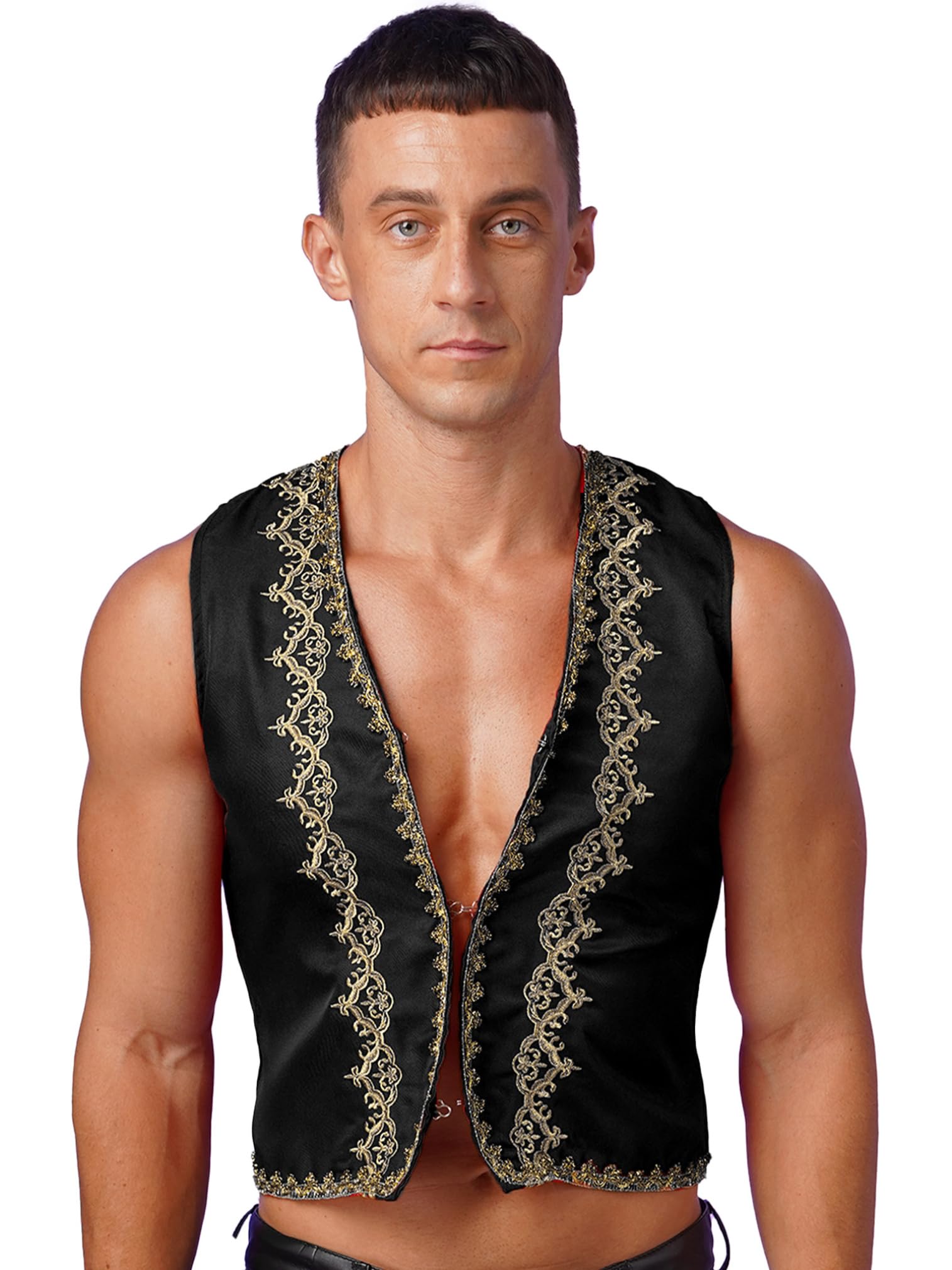 easyforever Men's Arab Prince Cosplay Costume Medieval Waistcoat Gold Trim Embroidery Fairy Tales Vest X-Large Black