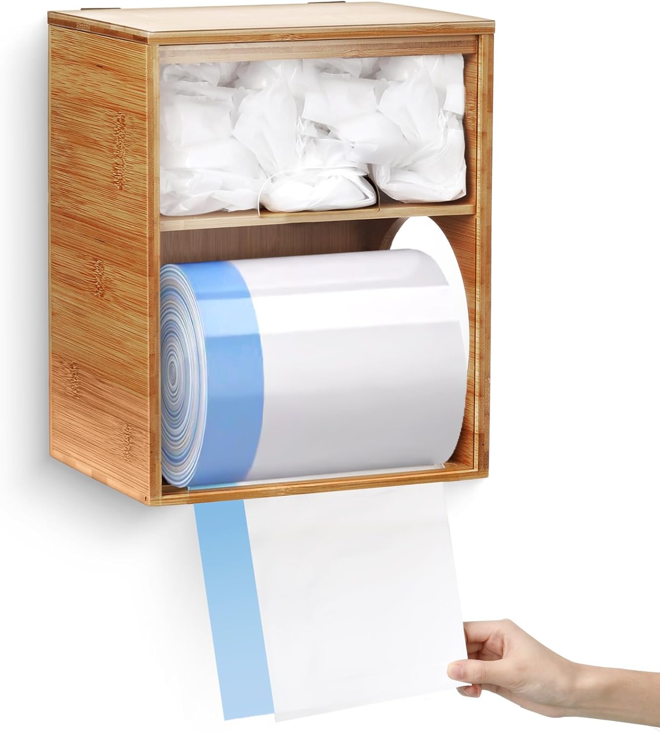 Ripeng Trash Bag Holder Dispenser Extra Large 2 in 1 Bamboo Grocery Garbage Bag Holder Plastic Trash Dispenser Roll Storage Organizer Wall Mount for Kitchen Laundry Room Under Sink