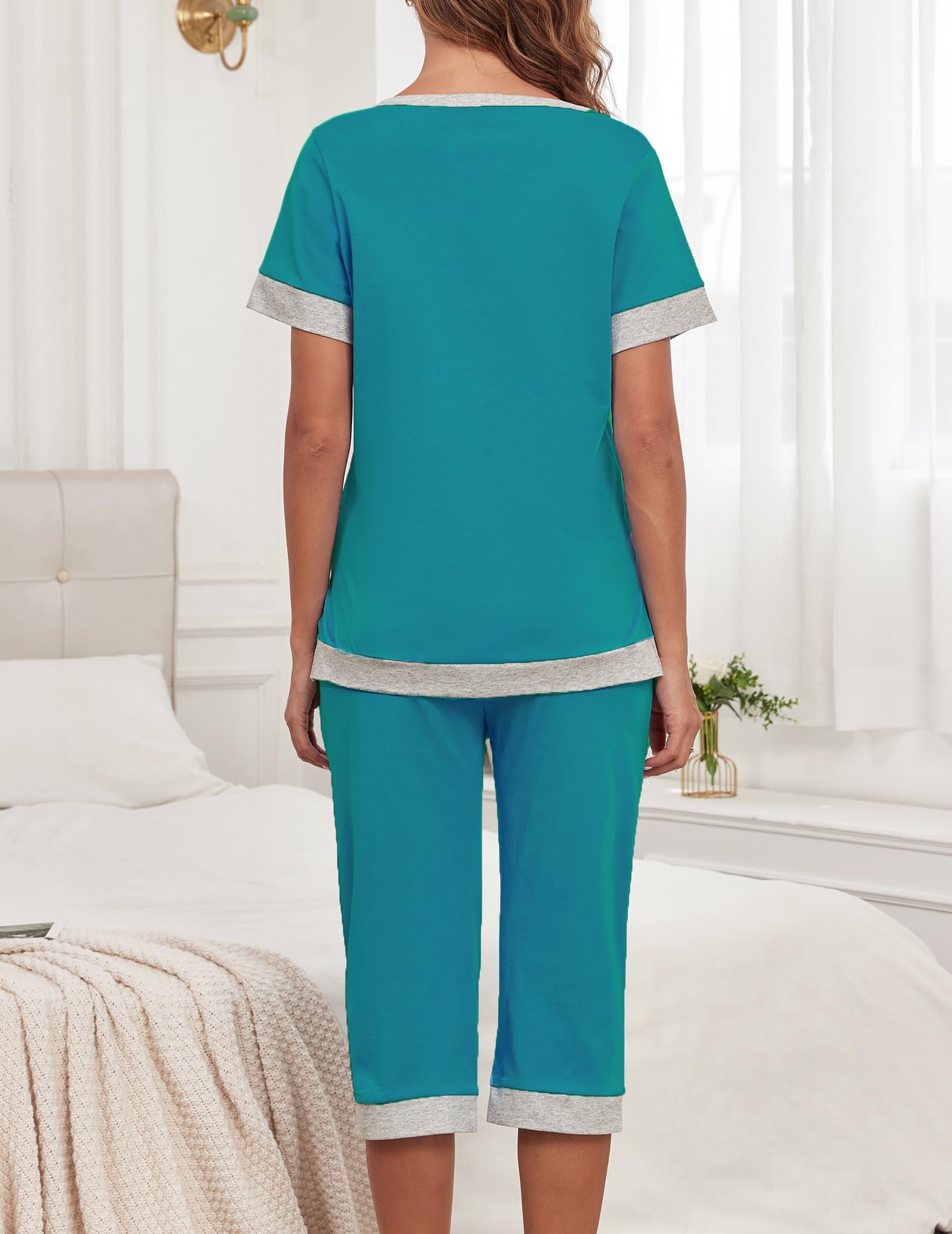 Viakeo Conjunto de pijama de algodón para mujer, parte superior suave y capris para verano, cómodo conjunto de pijama