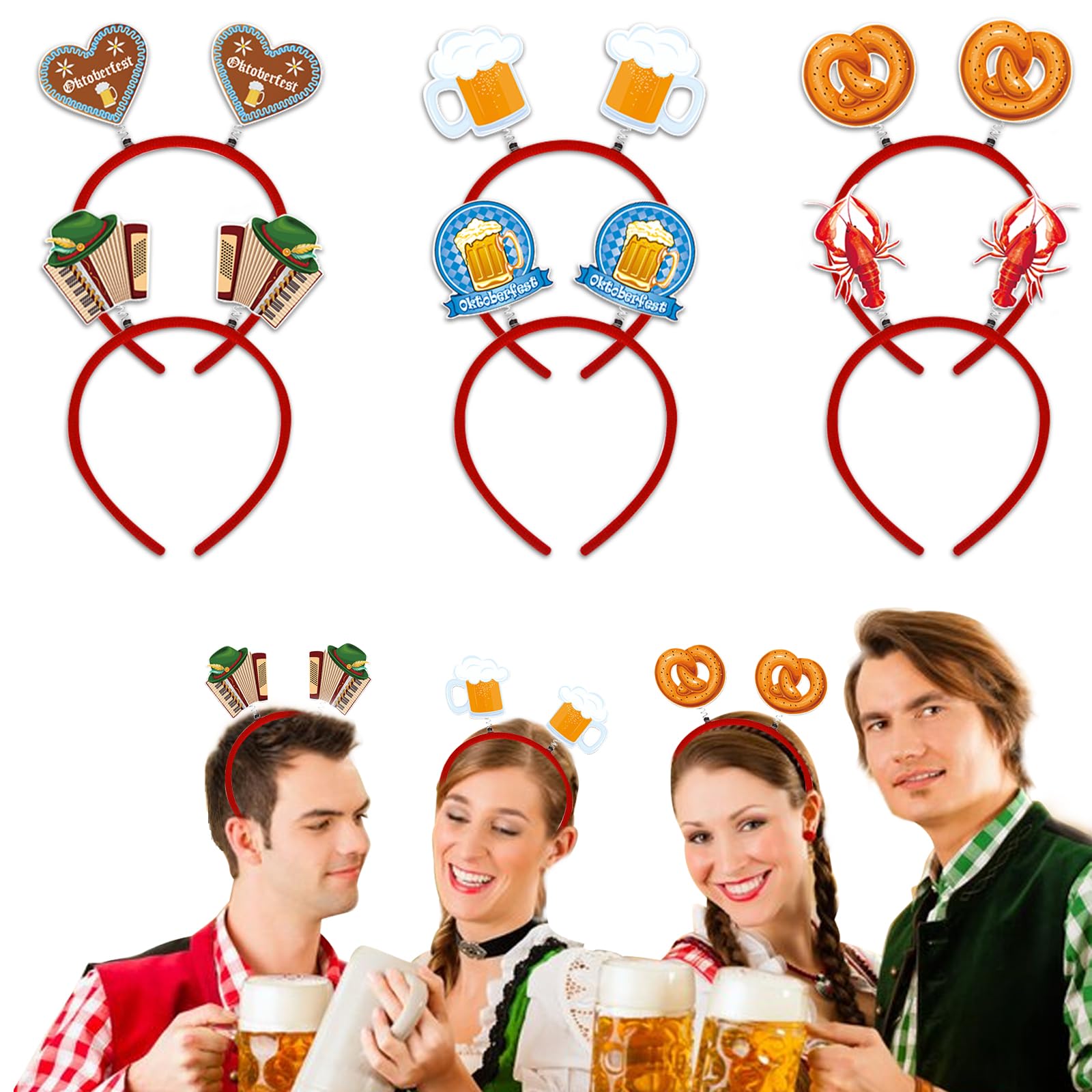 Hying 6 Pieces Oktoberfest Headbands for Women Men, Beer Pretzel Lobster Head Boppers Munich Festival Headwear Costume Accessories for Oktoberfest Carnival Party Supplies