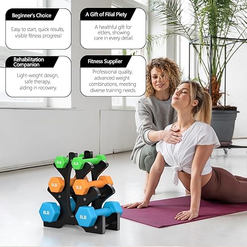 Miniatura 5 de Portzon Weights Dumbbells Set 3, 5, 8, and 10 Pound Neoprene Dumbbell Free Hand Weight Set with Rack, Ideal for Home Exercises, 32 LB, Anti-Slip,